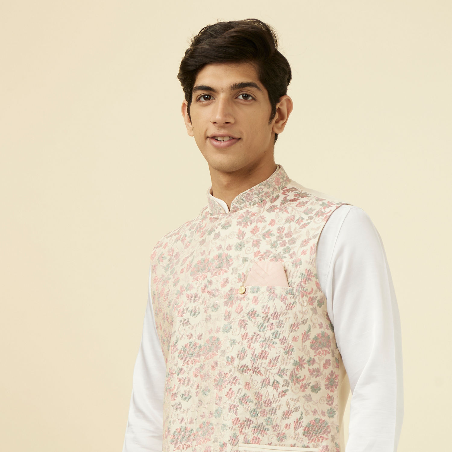 Men's Floral Printed Cream Nehru Jacket