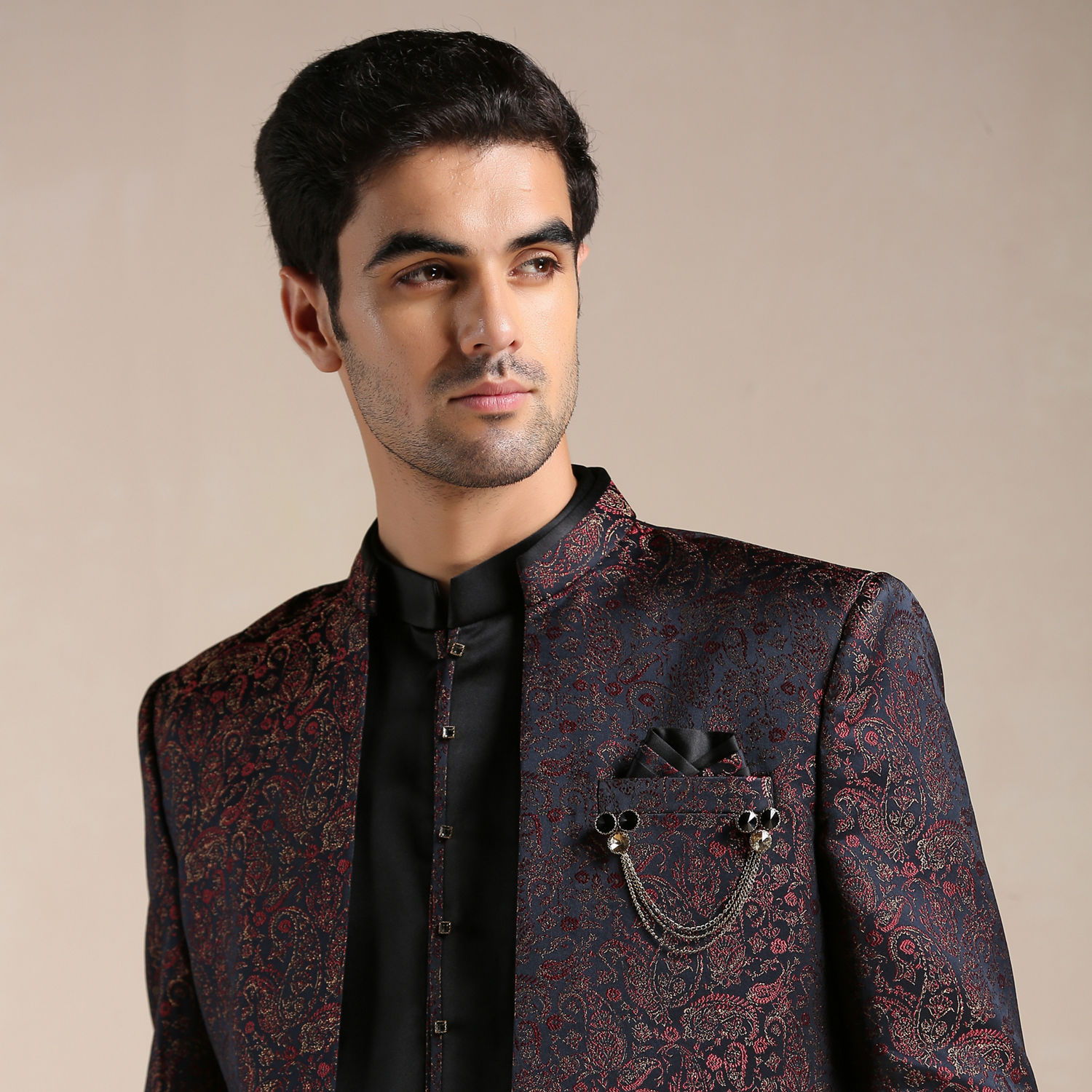 Indo Western for Men Buy Midnight Black Paisley Patterned Achkan Style Indo Western Set Online