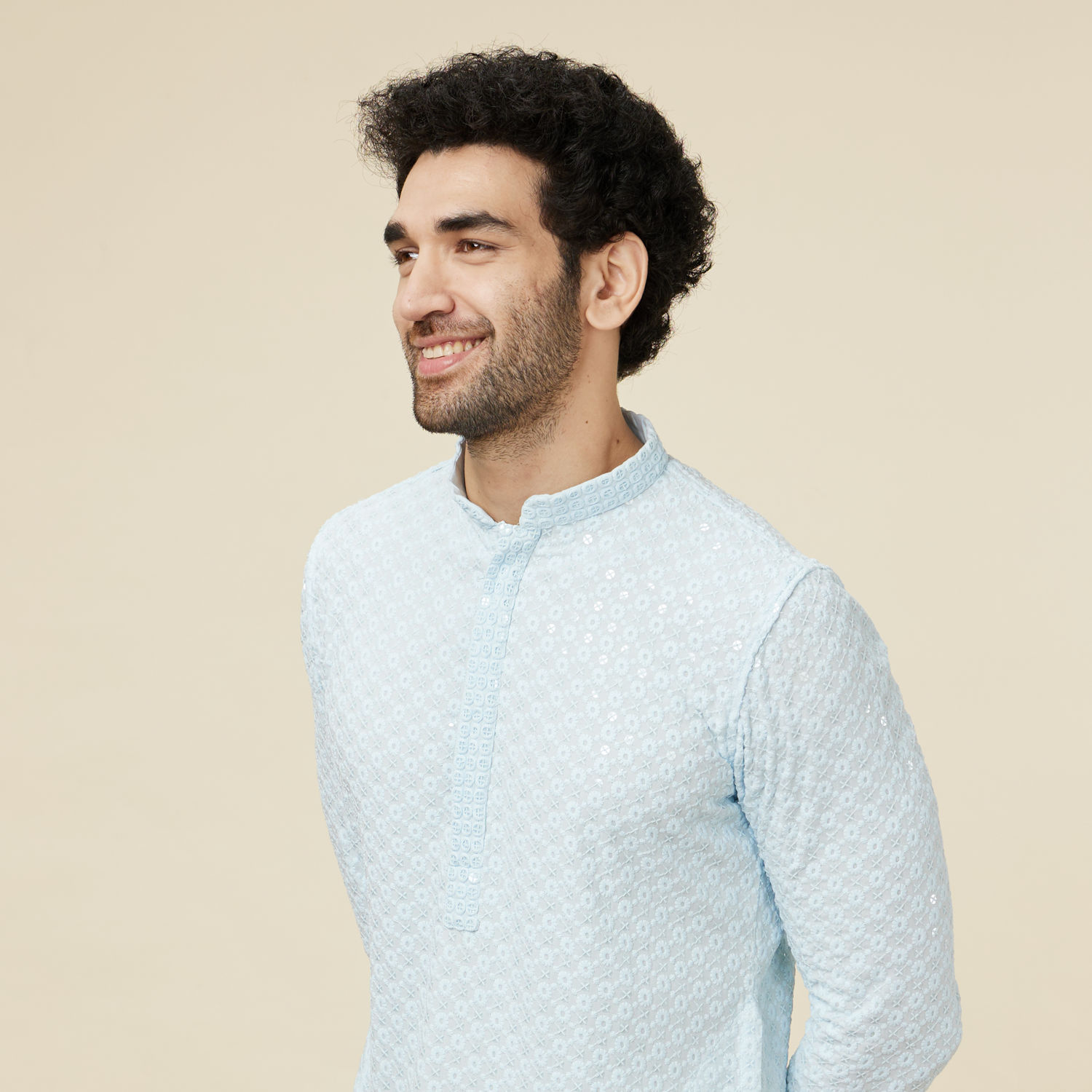 Buy Powder Blue Sequin Embellished Chikankari Kurta Set Online in India