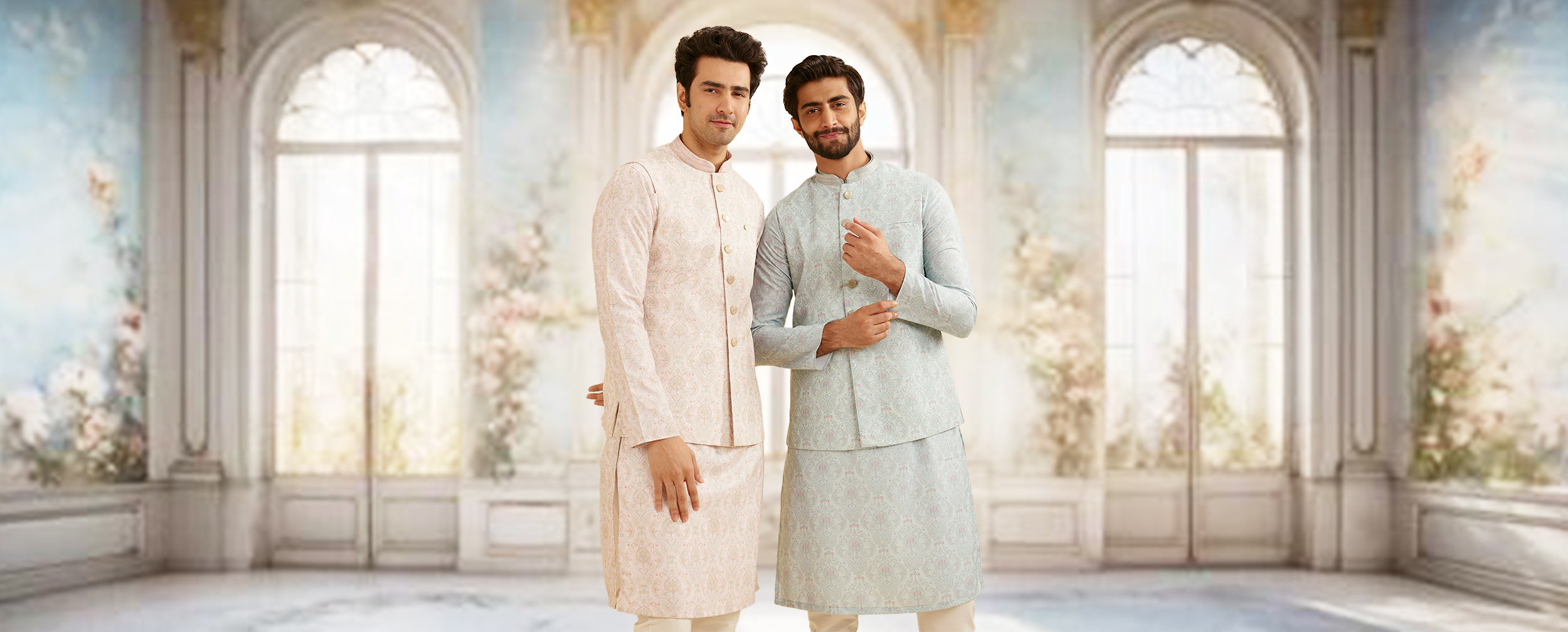 Mens wearing elegant silk and cotton kurta pajama with jacket for wedding Mens wearing elegant silk and cotton kurta pajama with jacket for wedding