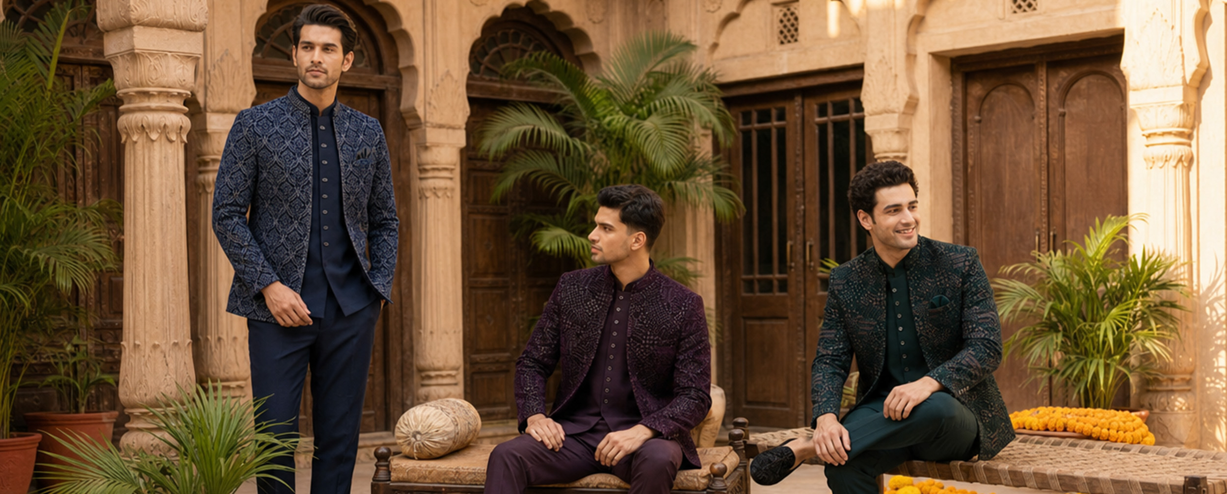 Men wearing elegant Jodhpuri suits for a wedding celebration, showcasing sophisticated ethnic wedding attire.