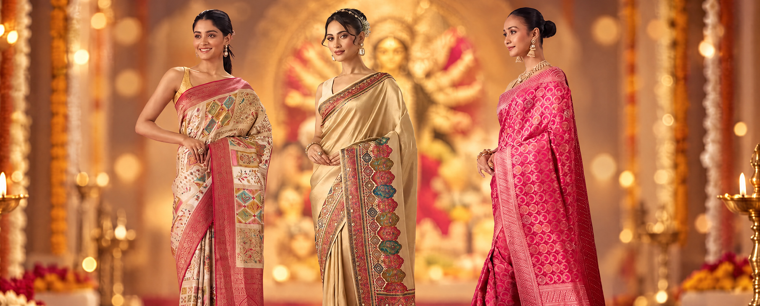 Women in elegant sarees celebrating Durga Puja, showcasing traditional festive attire, graceful styling and vibrant Indian ethnic fashion