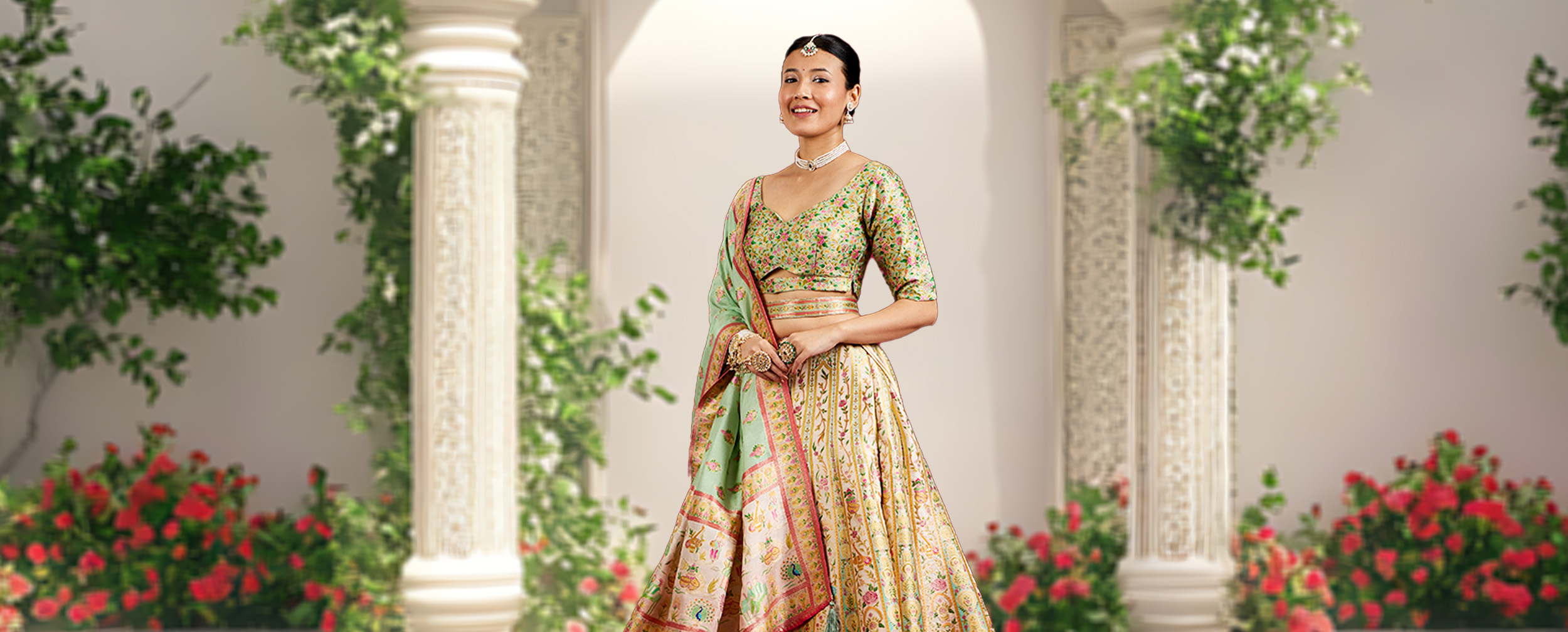 A beautiful woman in an elegant golden lehenga A beautiful woman in an elegant golden lehenga