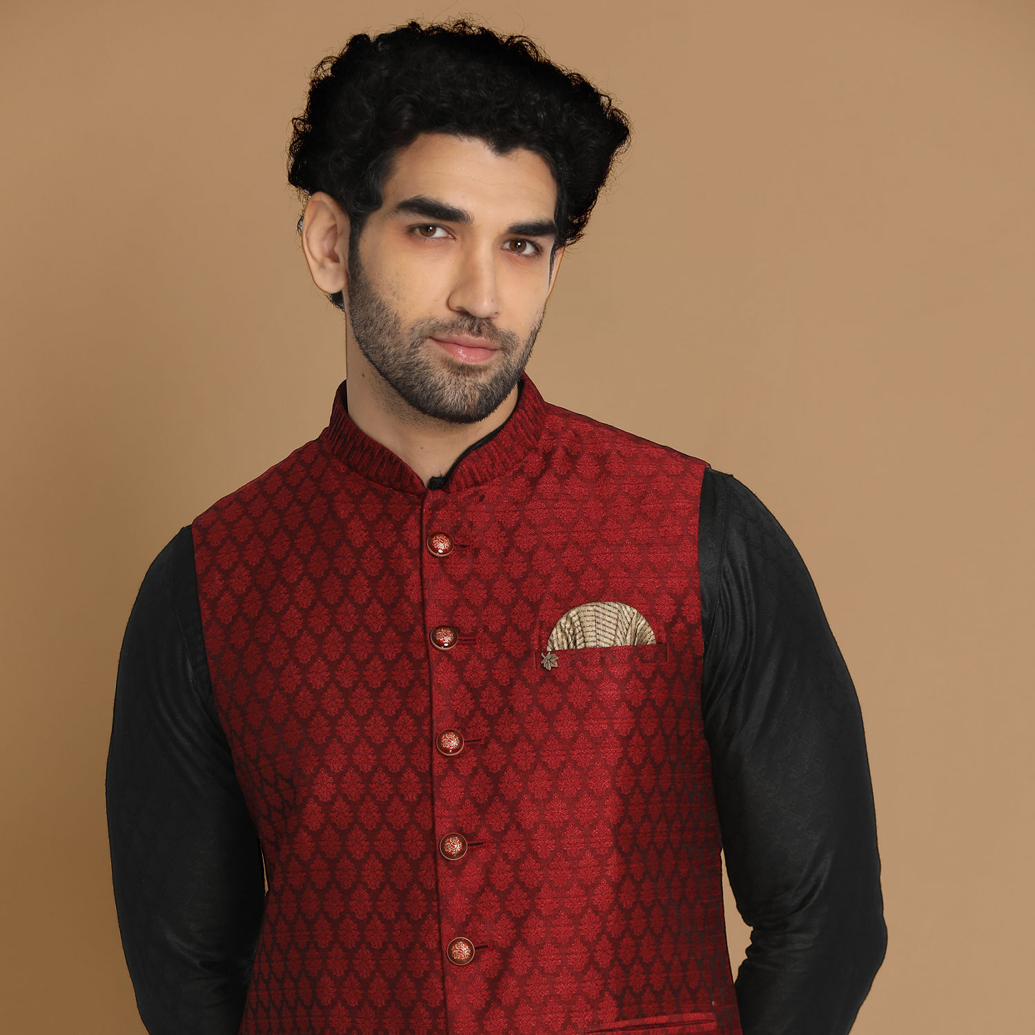 Men'S Maroon Woven Nehru Jacket