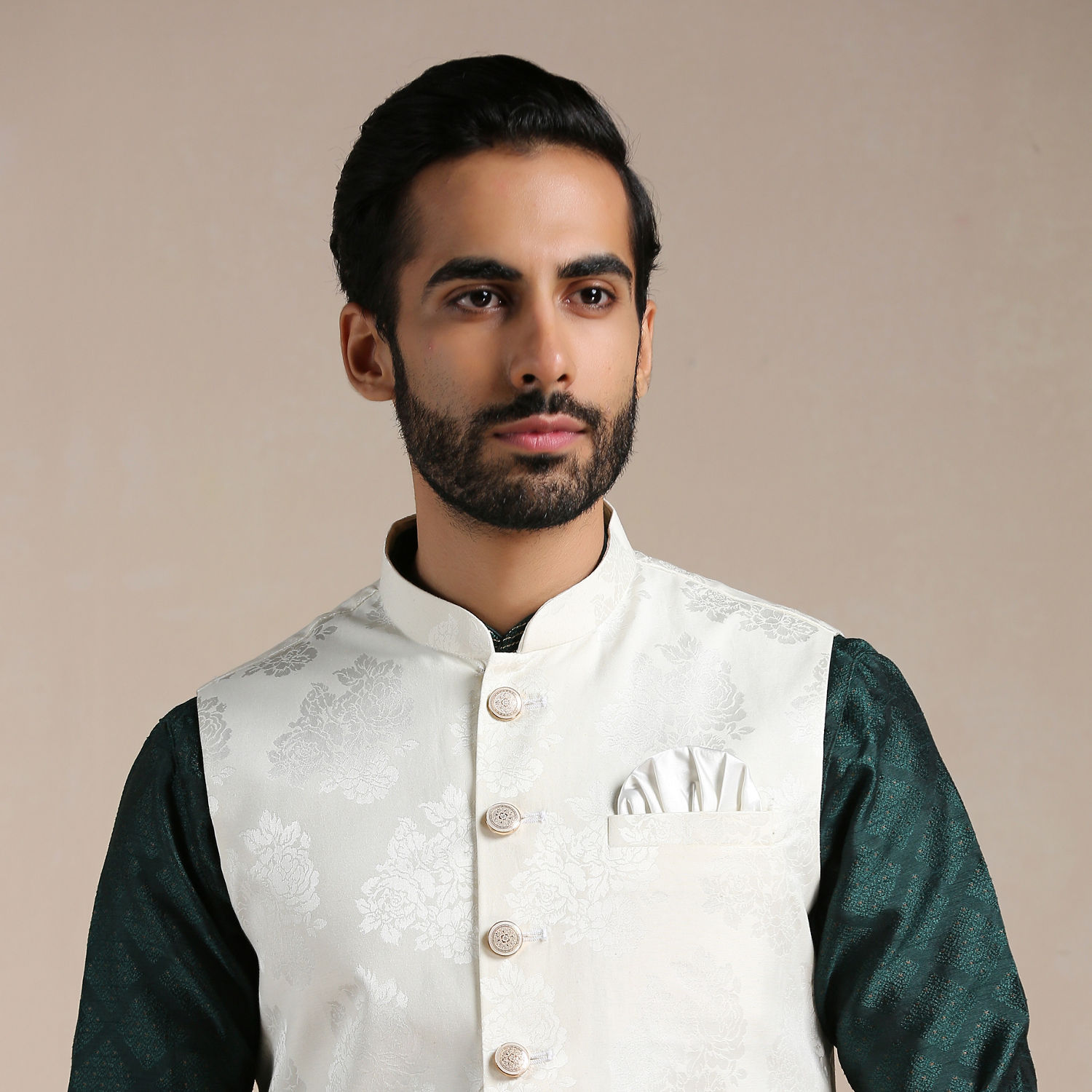 Buy Pearled Ivory Self Patterned Half Jacket Online Manyavar Nehru