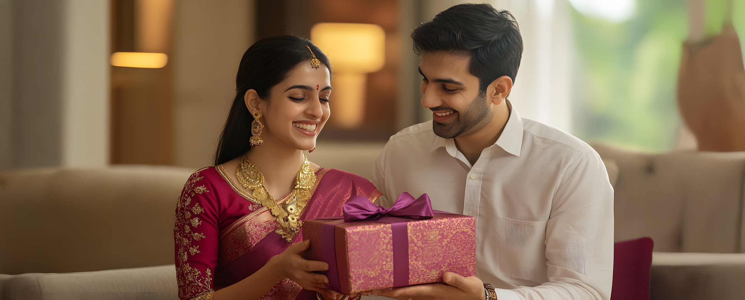 A couple holding a beautifull small pink gift box with pink ribon on it A couple holding a beautifull small pink gift box with pink ribon on it
