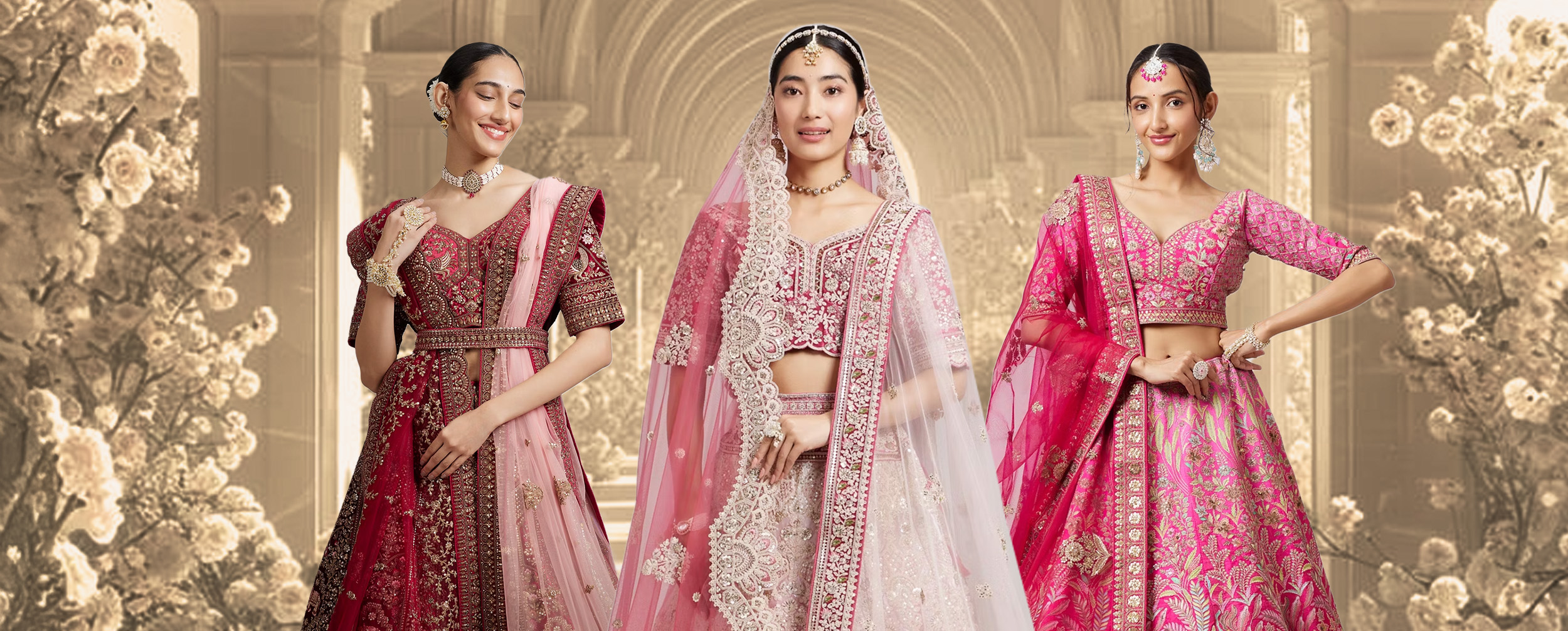 Bride in a floral lehenga posing with friends during a post-wedding photoshoot Bride in a floral lehenga posing with friends during a post-wedding photoshoot