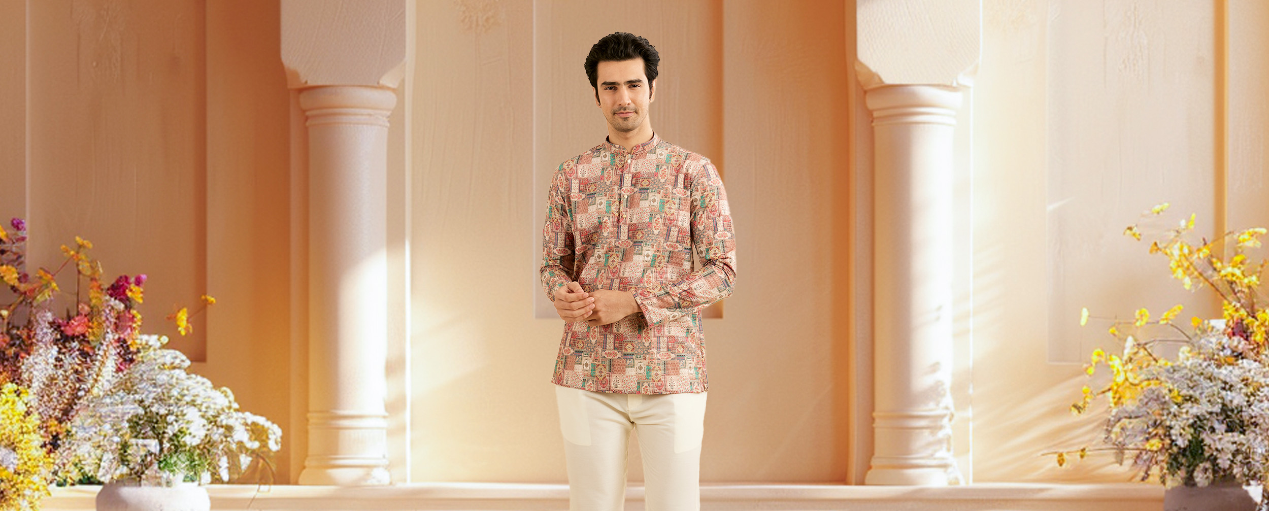 Men wearing pattern short kurta for pre wedding ceremony Men wearing pattern short kurta for pre wedding ceremony