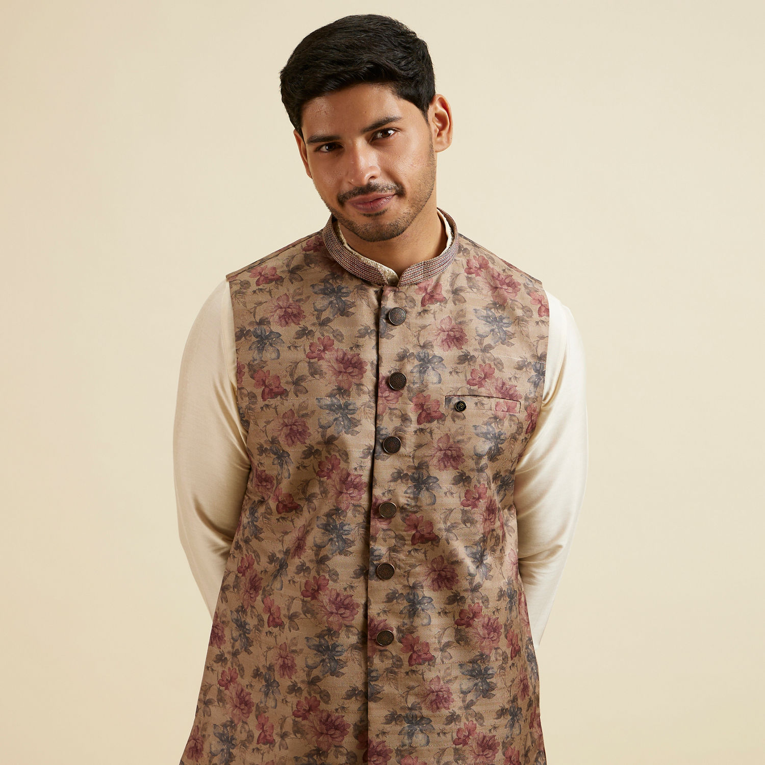 Floral Printed And Embroidered Nehru Jacket For Men