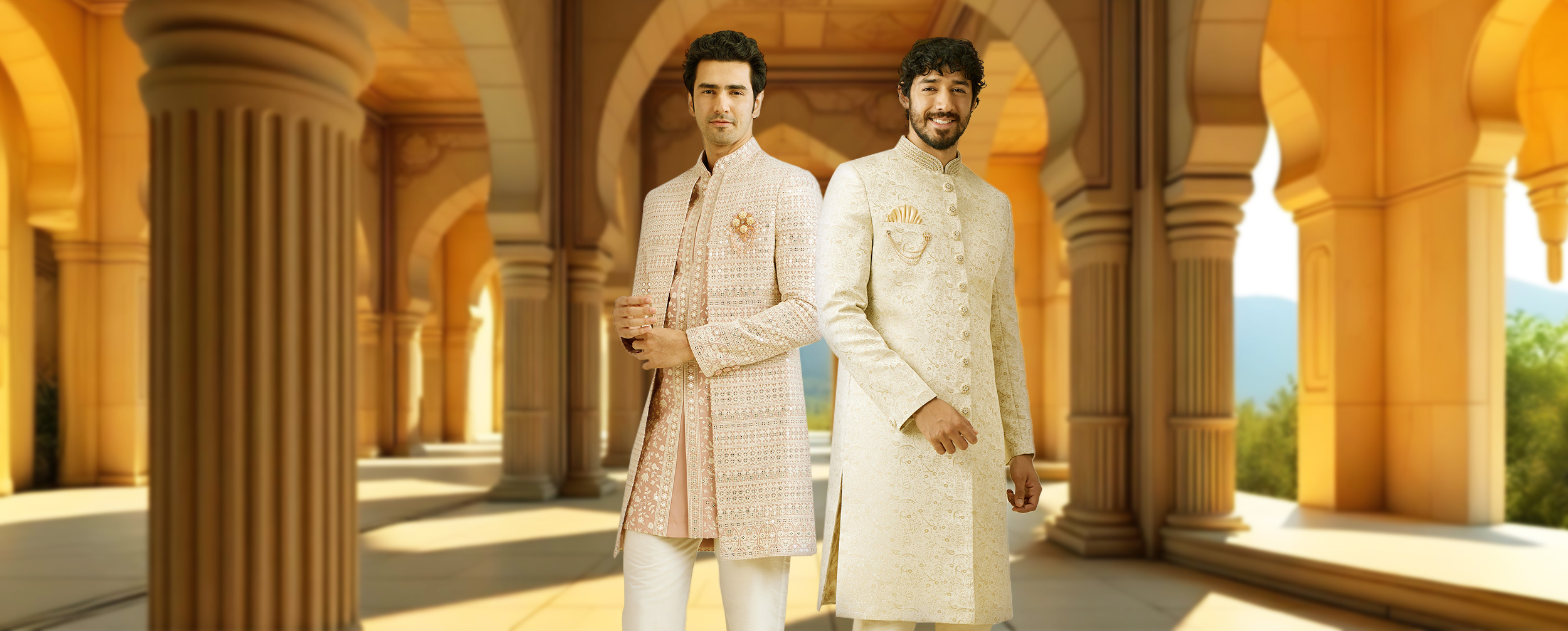 Stylish men dressed in white and light pink kurta sets, reflecting Mughal-inspired sherwani fashion. Stylish men dressed in white and light pink kurta sets, reflecting Mughal-inspired sherwani fashion.