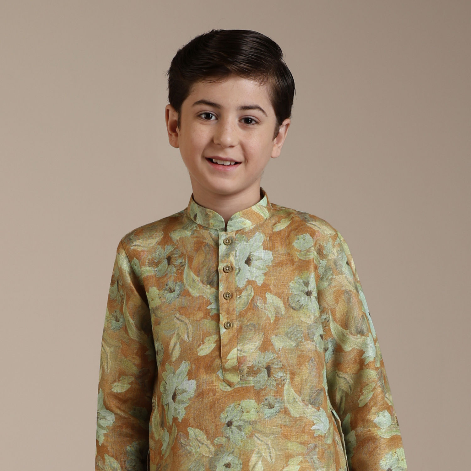 Boys Mustard & White Printed Kurta with Pyjamas