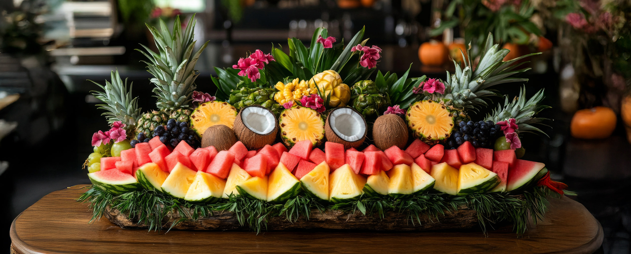 Colorful fruit arrangement featuring pineapples, coconuts, watermelon, papaya, grapes, and decorative greens with flowers, displayed on a wooden platter for a wedding event