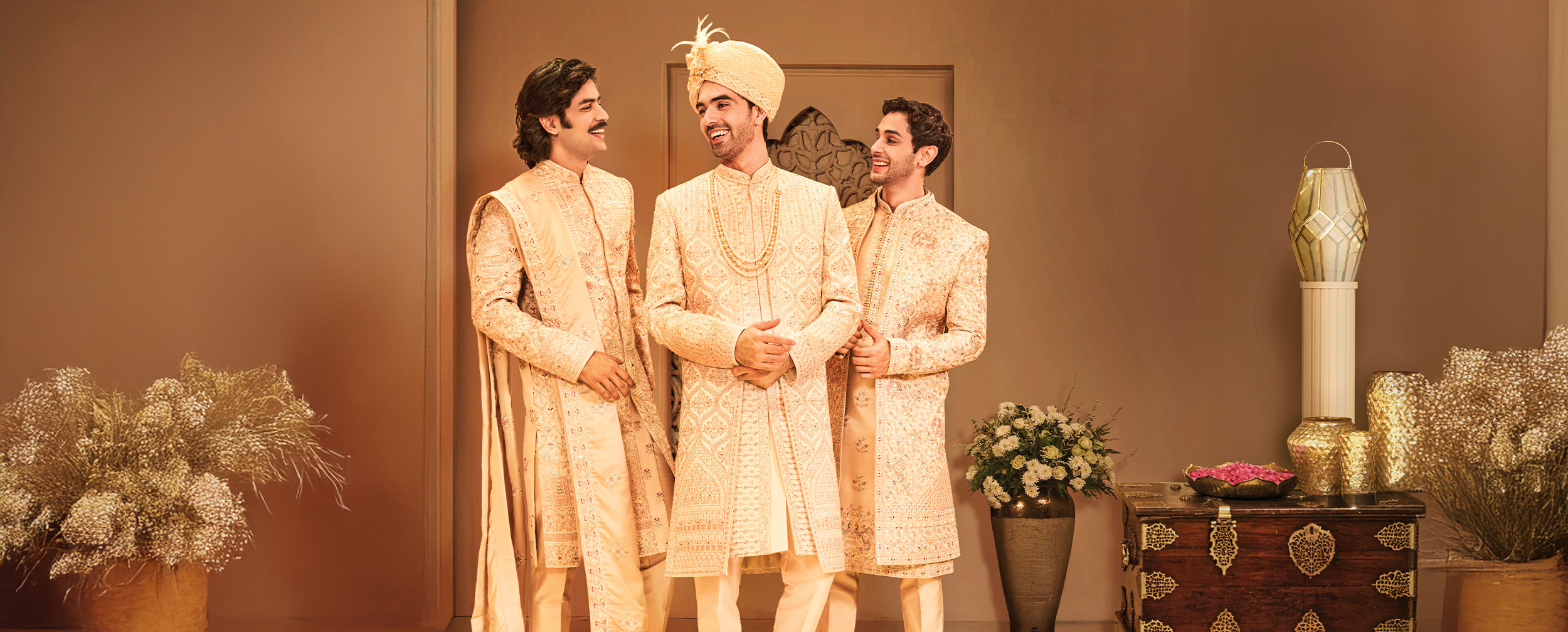 Grooms wearing traditional sherwanis with safa for wedding Grooms wearing traditional sherwanis with safa for wedding