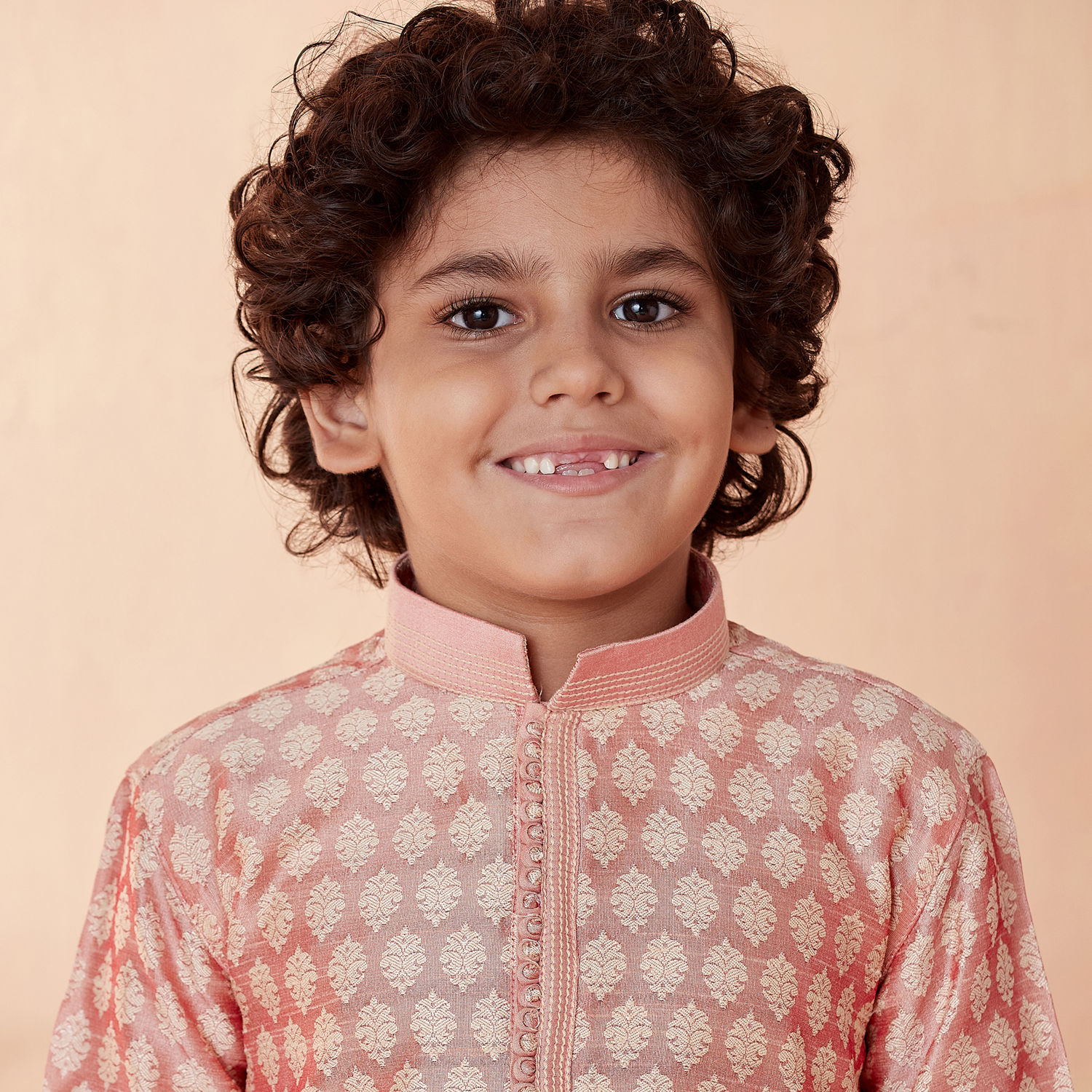 Boys Dark Pink Full Sleeves Cotton Kurta with Pyjama Pant Combo featuring an Embellished Neckline
