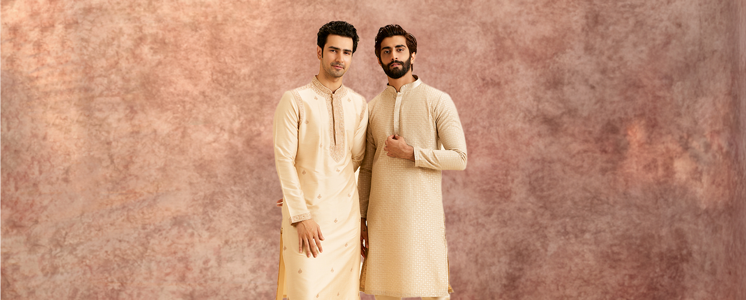 Wedding-ready designer kurtas for men in ivory tones, featuring subtle embroidery and classic churidar pairing.