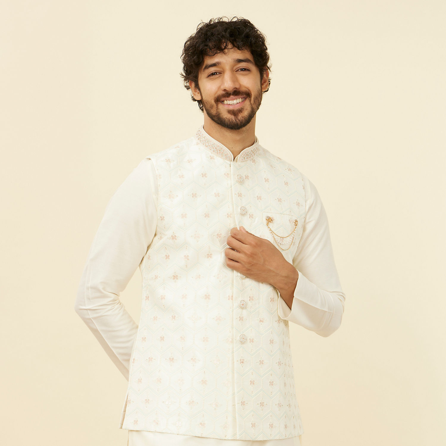 Men's Mandarin Collar Floral Printed Cream Nehru Jacket