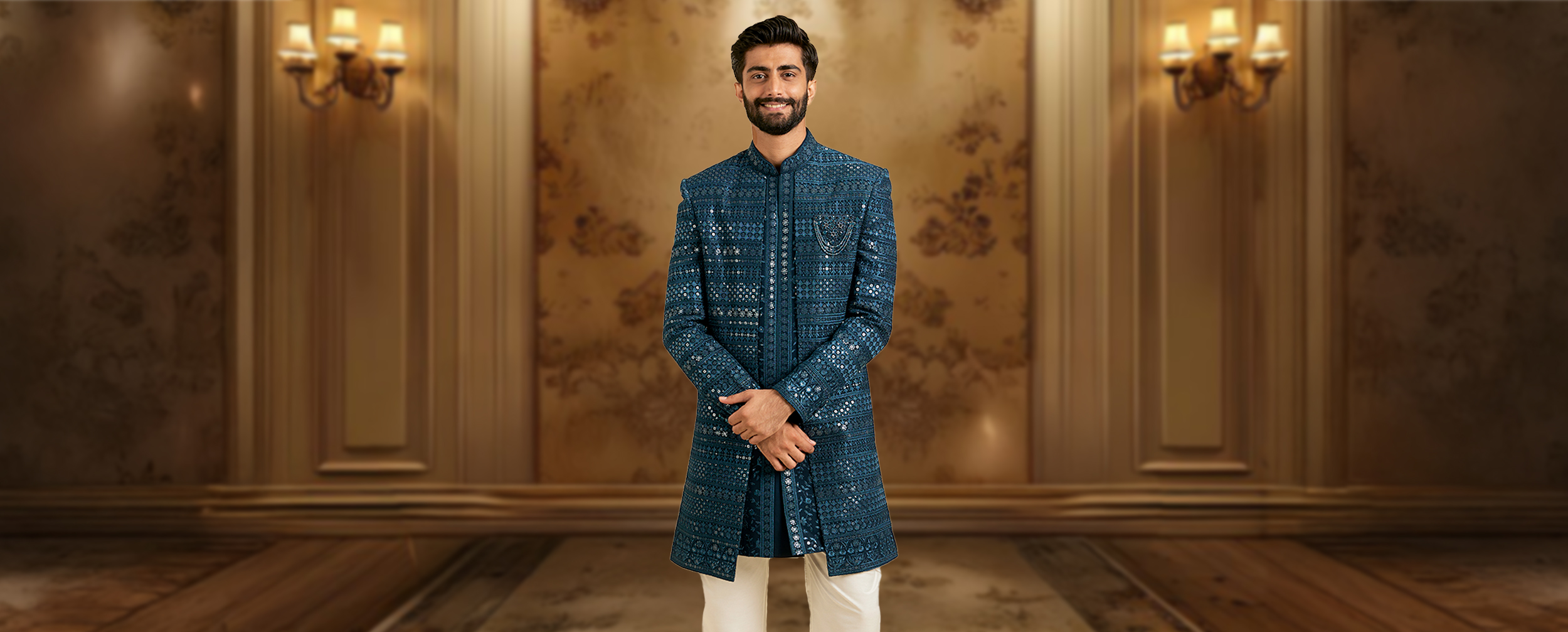 A man wearing blue chikenkari kurta for his wedding A man wearing blue chikenkari kurta for his wedding
