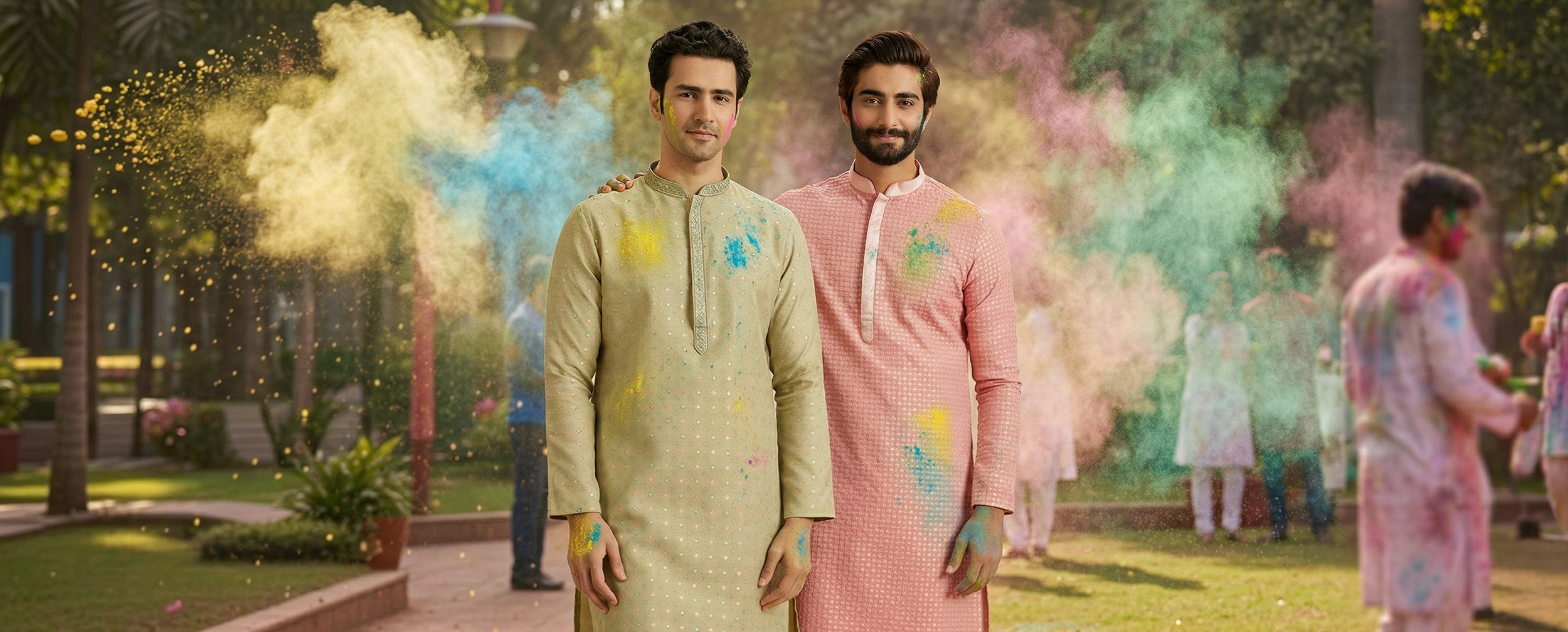 Men&rsquo;s Holi outfit inspiration featuring beige and pink traditional kurtas styled for a vibrant festive celebration.