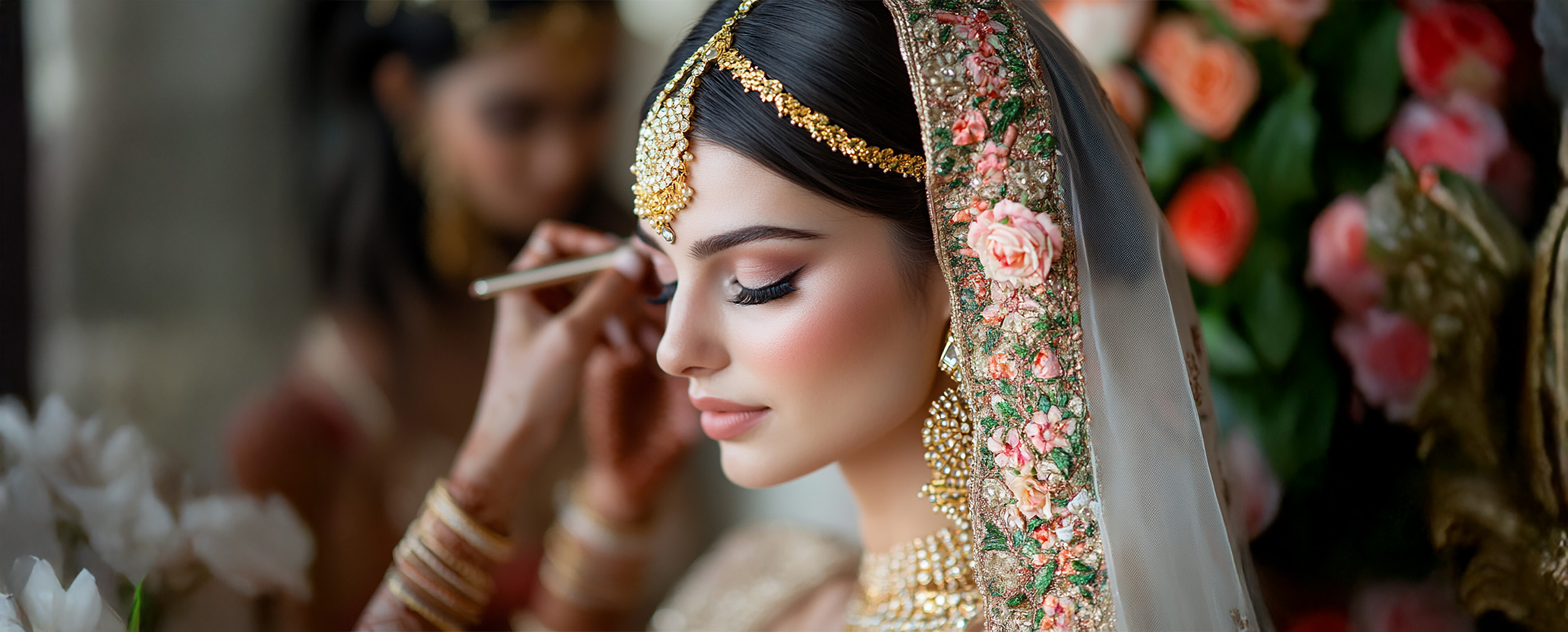Bride getting makeup done matching with light pink bridal wear, by proffetional makeup artist Bride getting makeup done matching with light pink bridal wear, by proffetional makeup artist