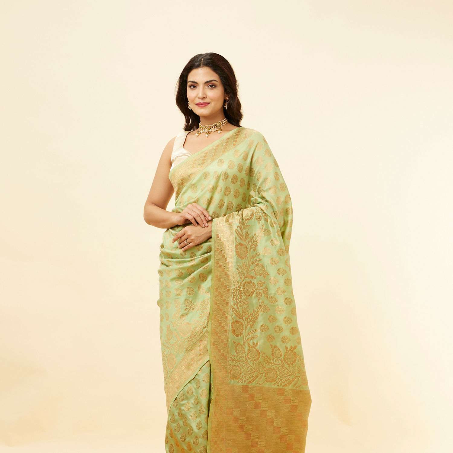 Buy Pista Green Floral Zari Work Saree Online in India @Mohey - Saree ...