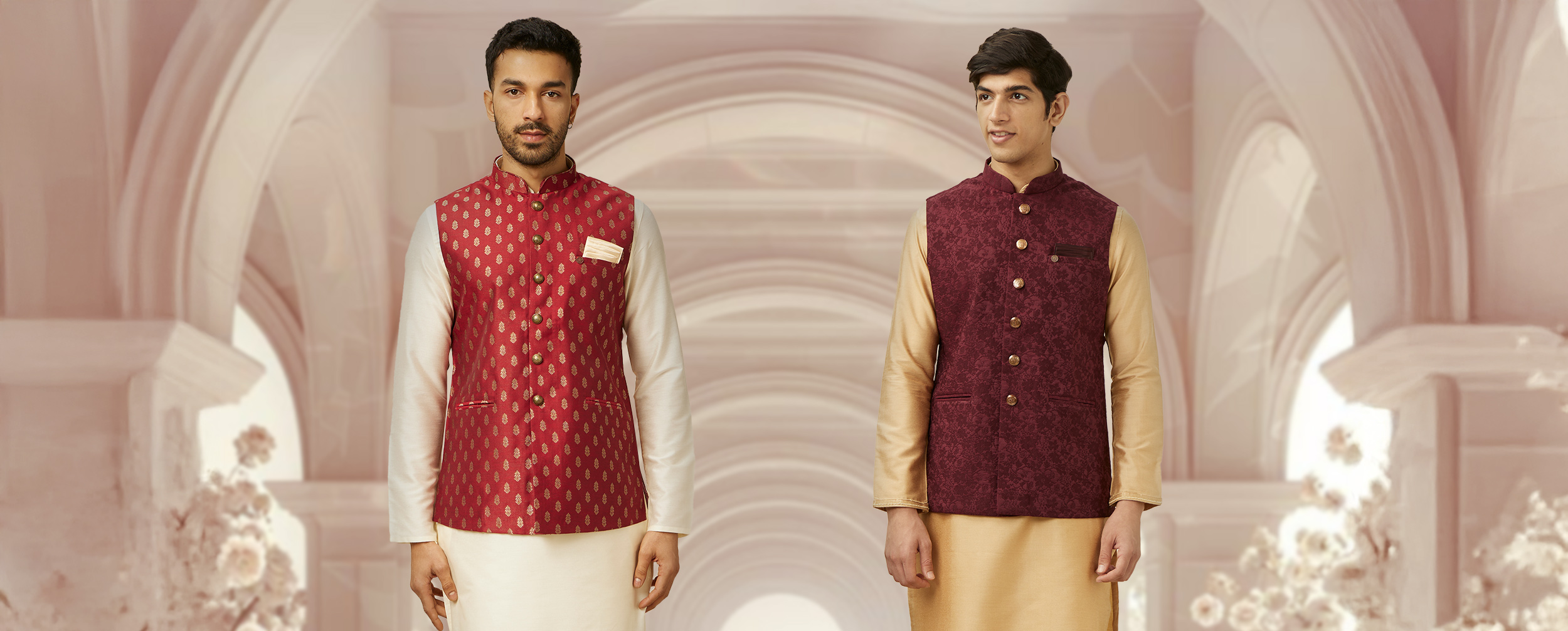 Mens wearing white and golden beige kurta with maroon jacket on it Mens wearing white and golden beige kurta with maroon jacket on it