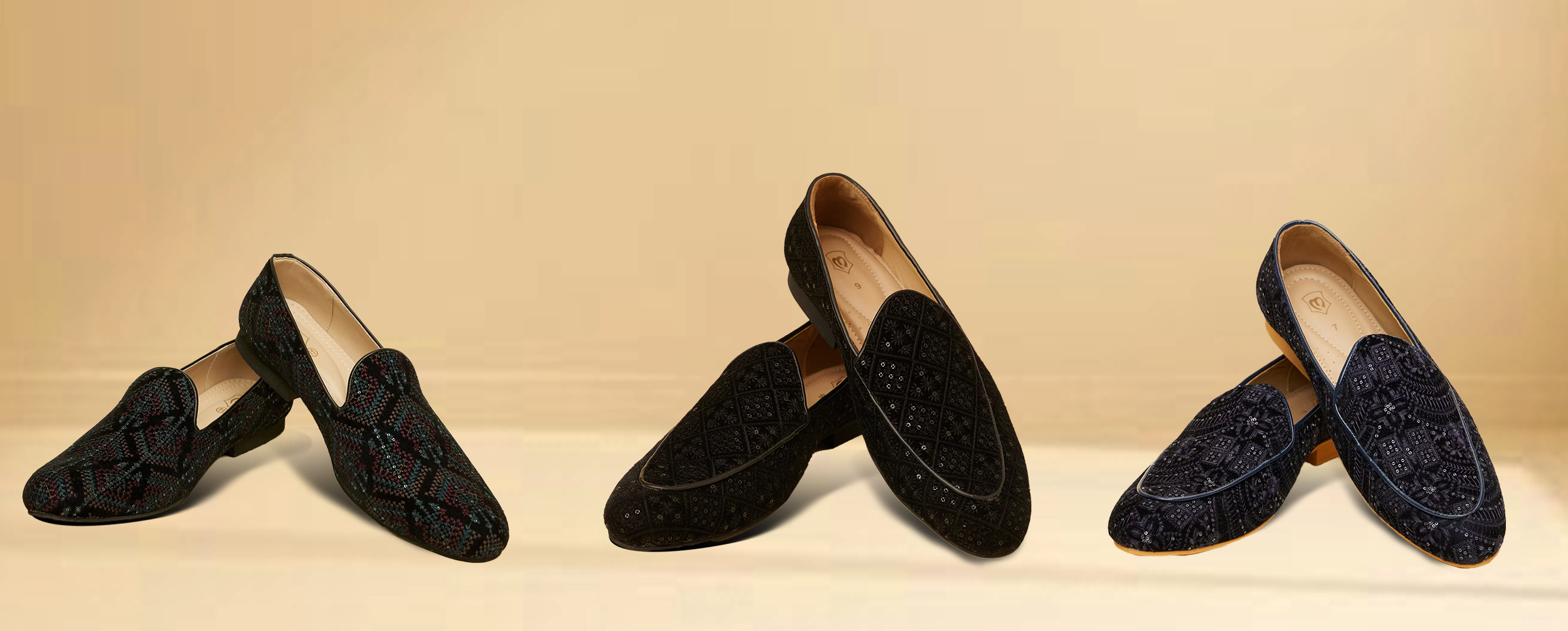 Stylish black designer jutti, blue pattern jutti, and black patterned jutti, perfect for a dapper wedding look.