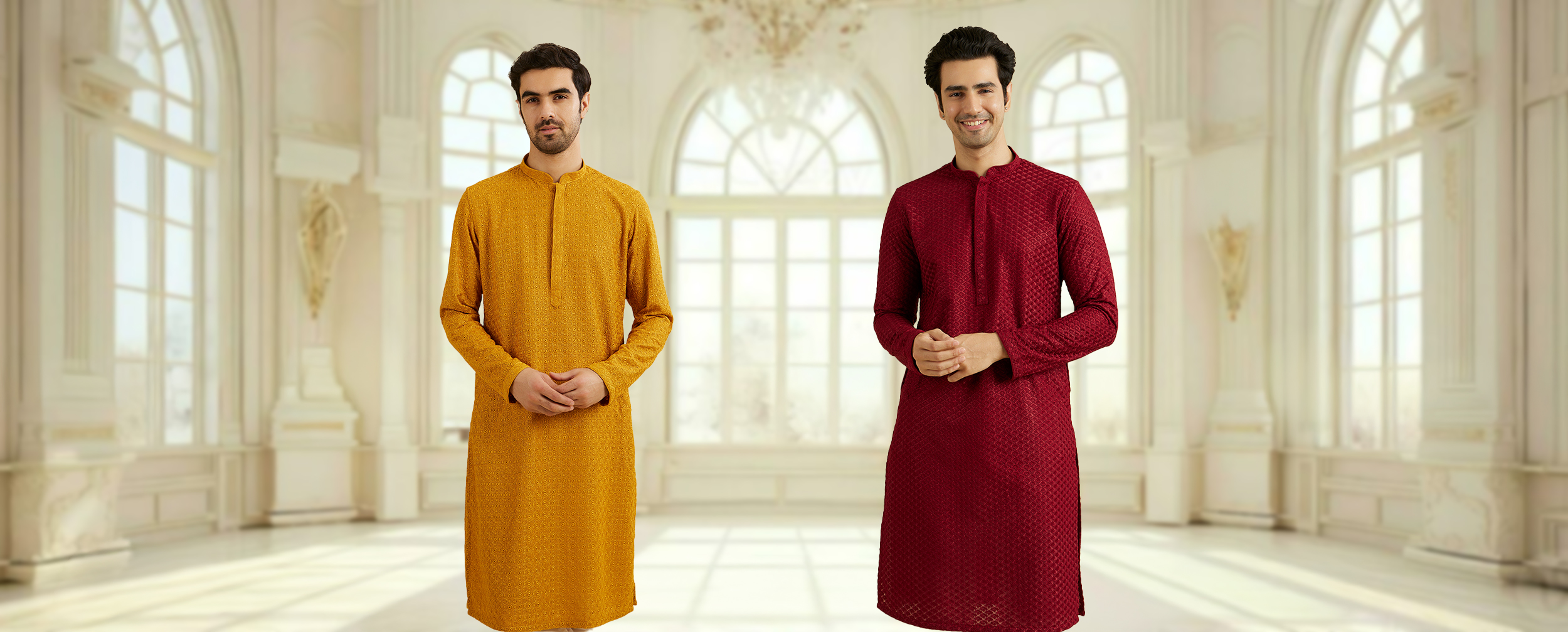 Two men wearing intricately embroidered Chikankari kurtas — one in mustard yellow and the other in deep maroon — standing in an elegant hall with arched windows and chandeliers. Two men wearing intricately embroidered Chikankari kurtas — one in mustard yellow and the other in deep maroon — standing in an elegant hall with arched windows and chandeliers.