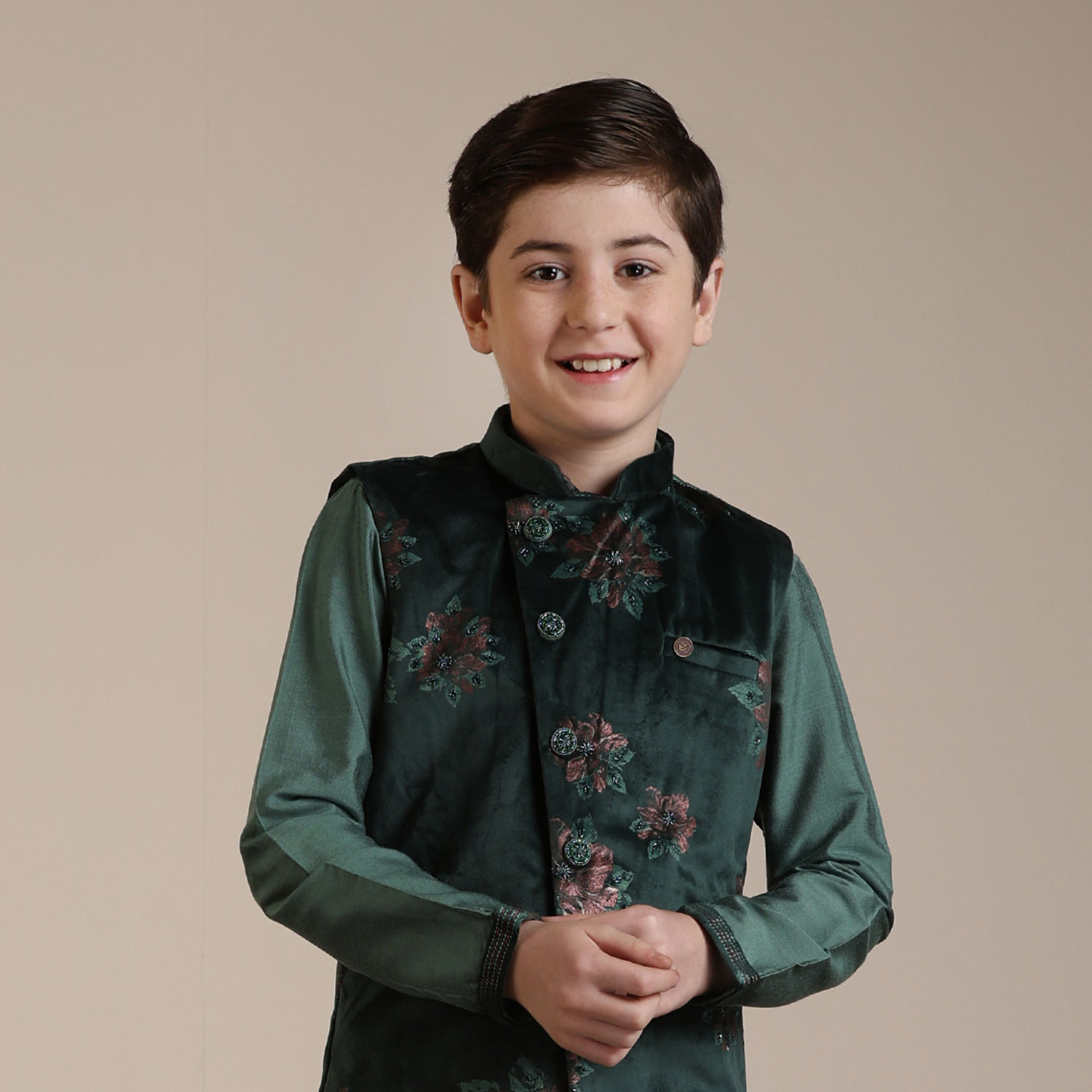 Boys Floral Printed Angrakha Kurta With Pyjamas