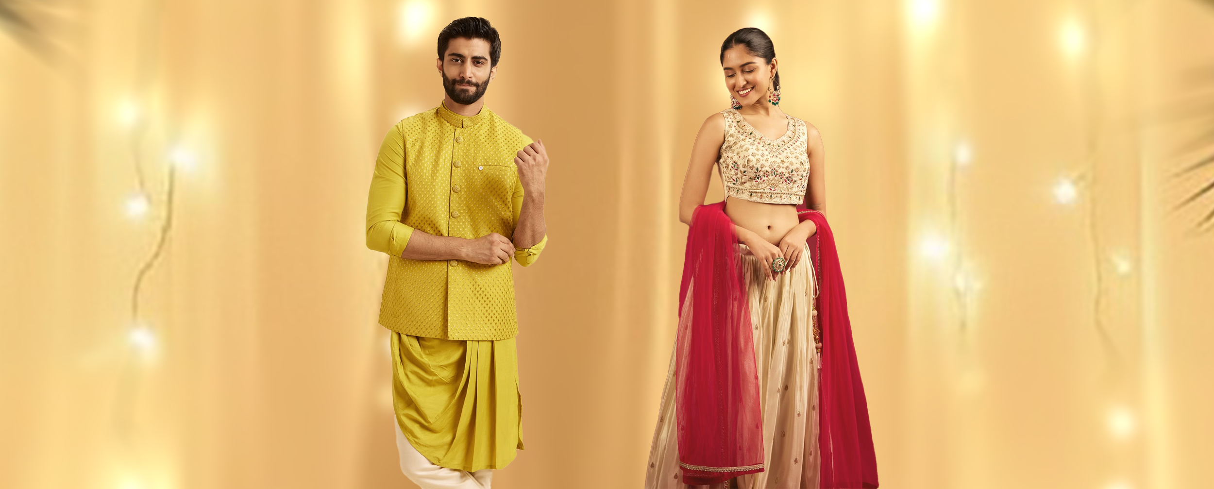 Man and woman modeling festive outfits for Ganesh Chaturthi, with the man wearing a yellow Nehru jacket and the woman in an embellished cream lehenga Man and woman modeling festive outfits for Ganesh Chaturthi, with the man wearing a yellow Nehru jacket and the woman in an embellished cream lehenga