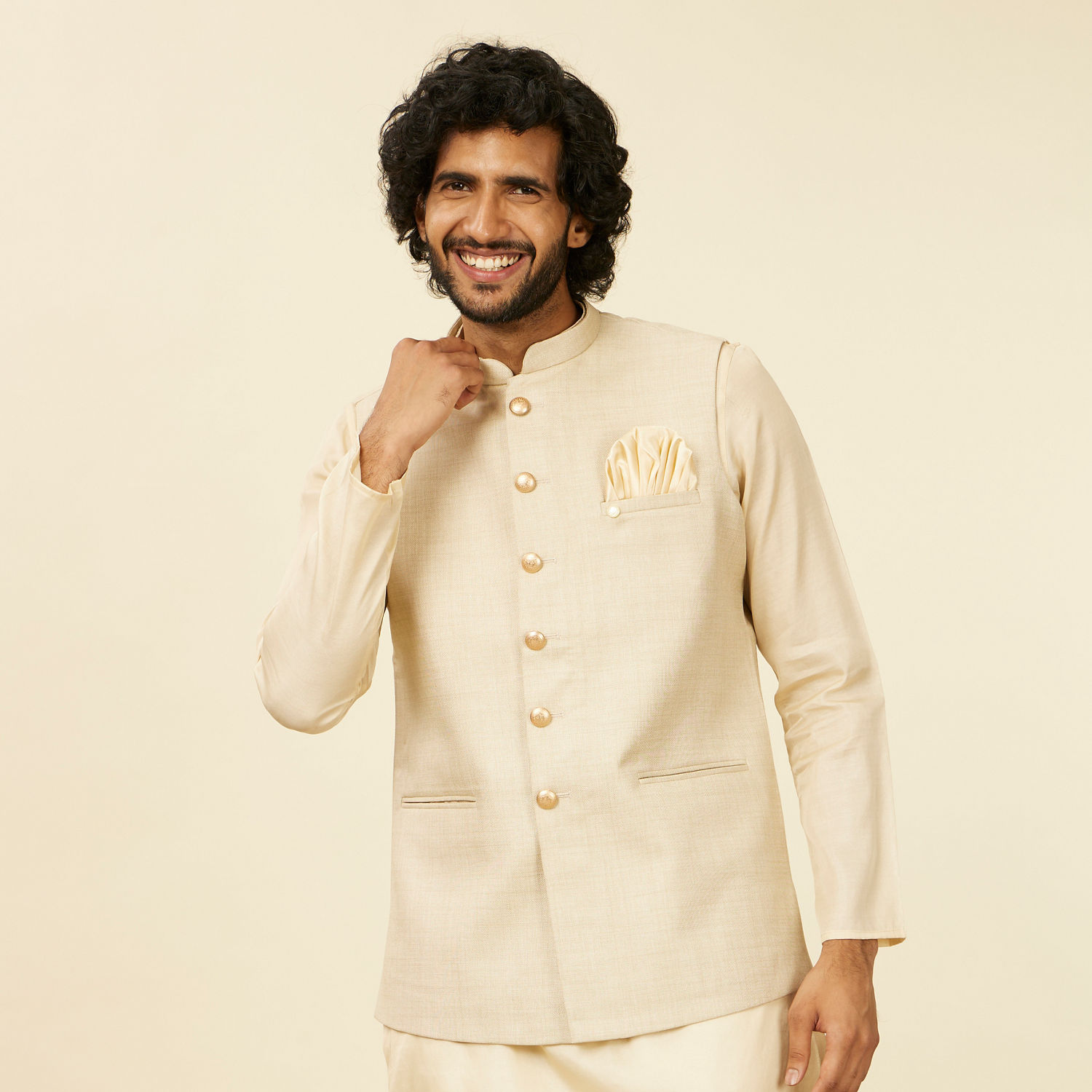 Men'S Beige Printed Nehru Jacket
