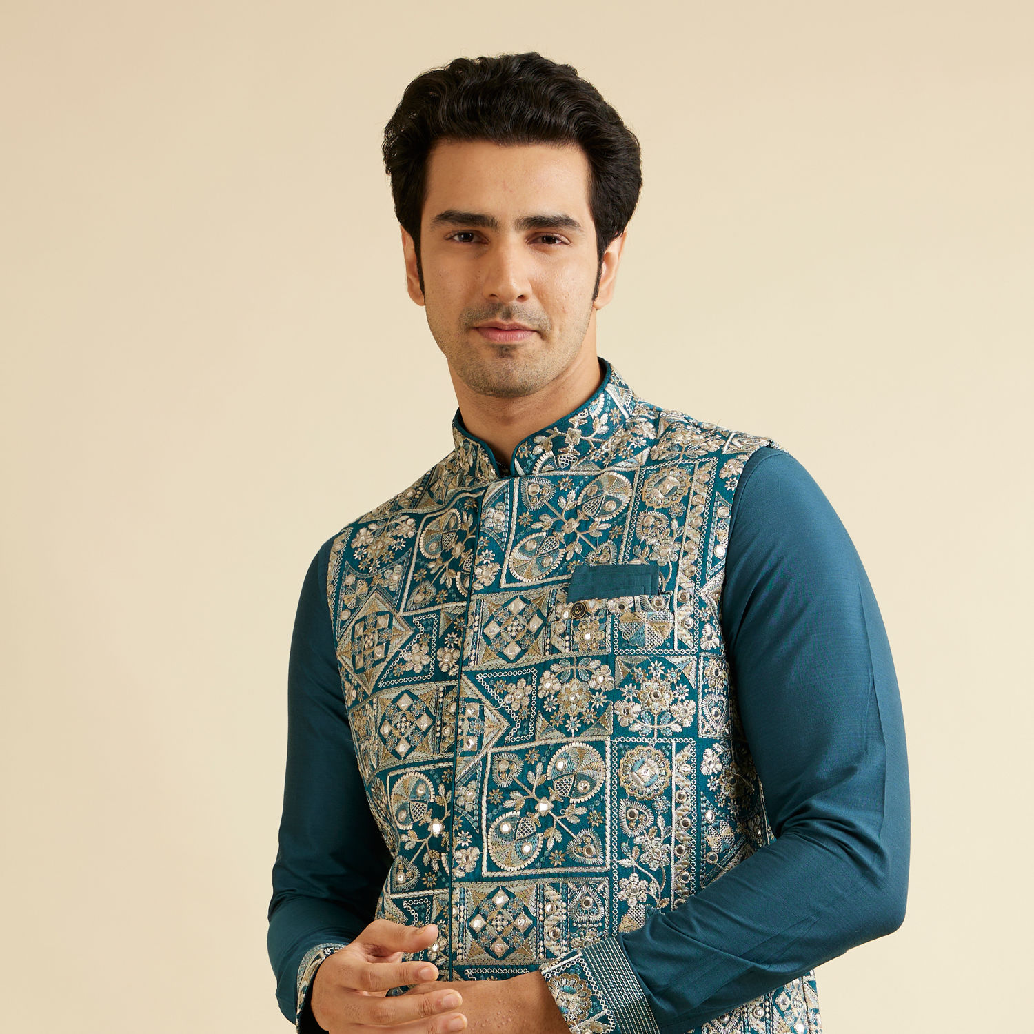 Sea green Indo-western gown & Aqua blue silk Indo western sherwani - Couple  Collections - Collections