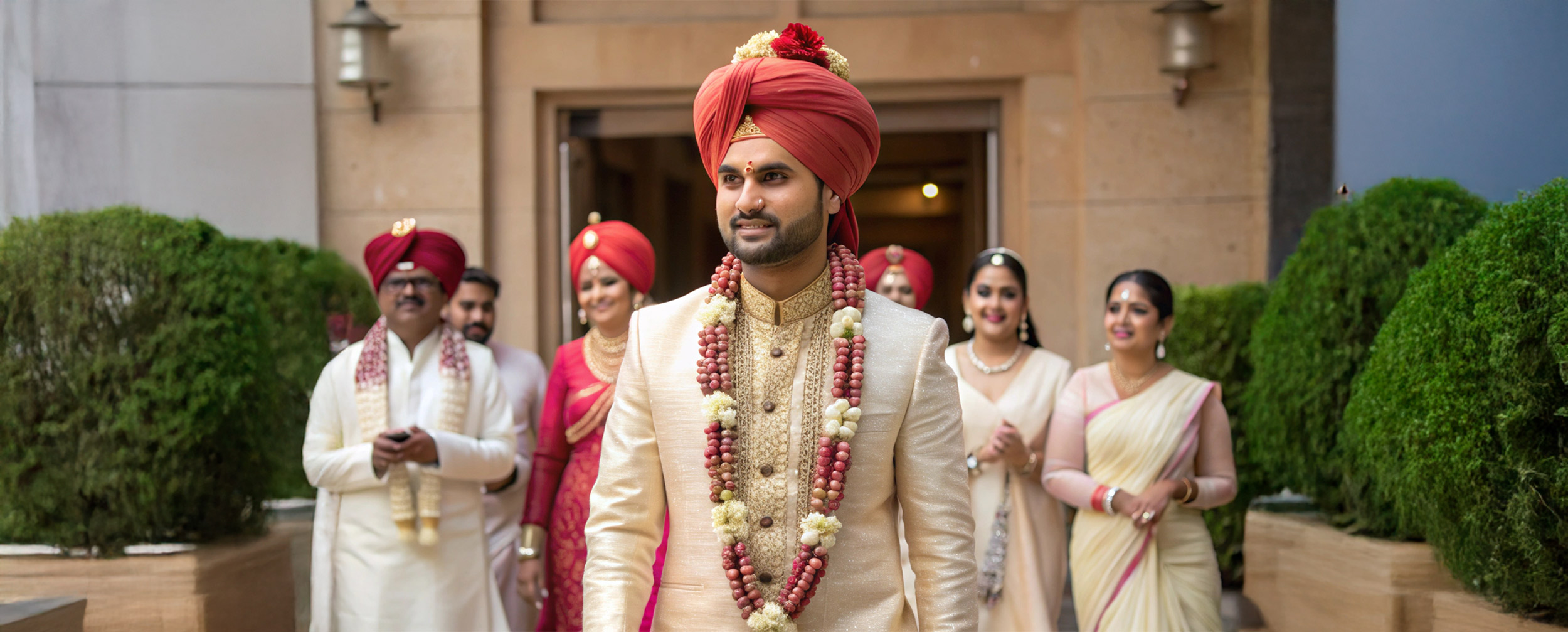 Indian groom in an ivory sherwani and red turban, adorned with floral garlands, posing confidently with wedding guests in traditional attire in the background.