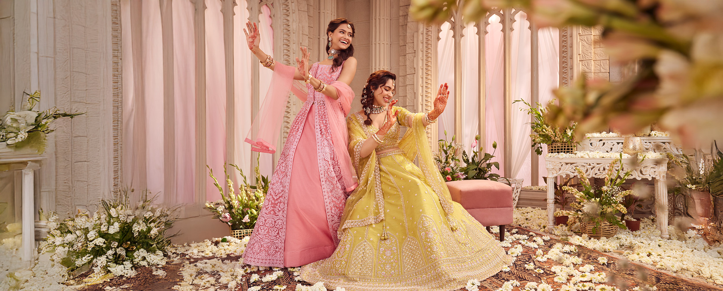 Womans Wearing Elegant yellow and pink Organza Lehenga Womans Wearing Elegant yellow and pink Organza Lehenga