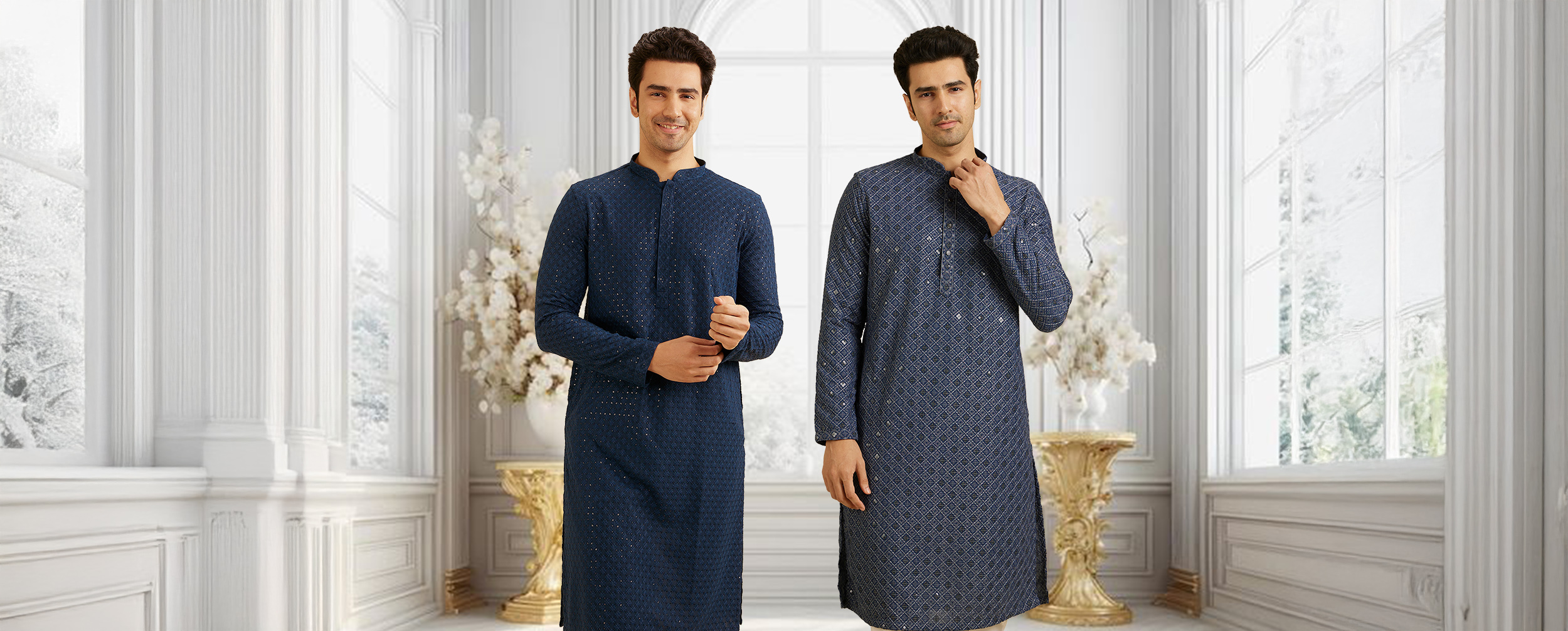 Men wearing elegant dark blue and dark grey chikankari kurta Men wearing elegant dark blue and dark grey chikankari kurta