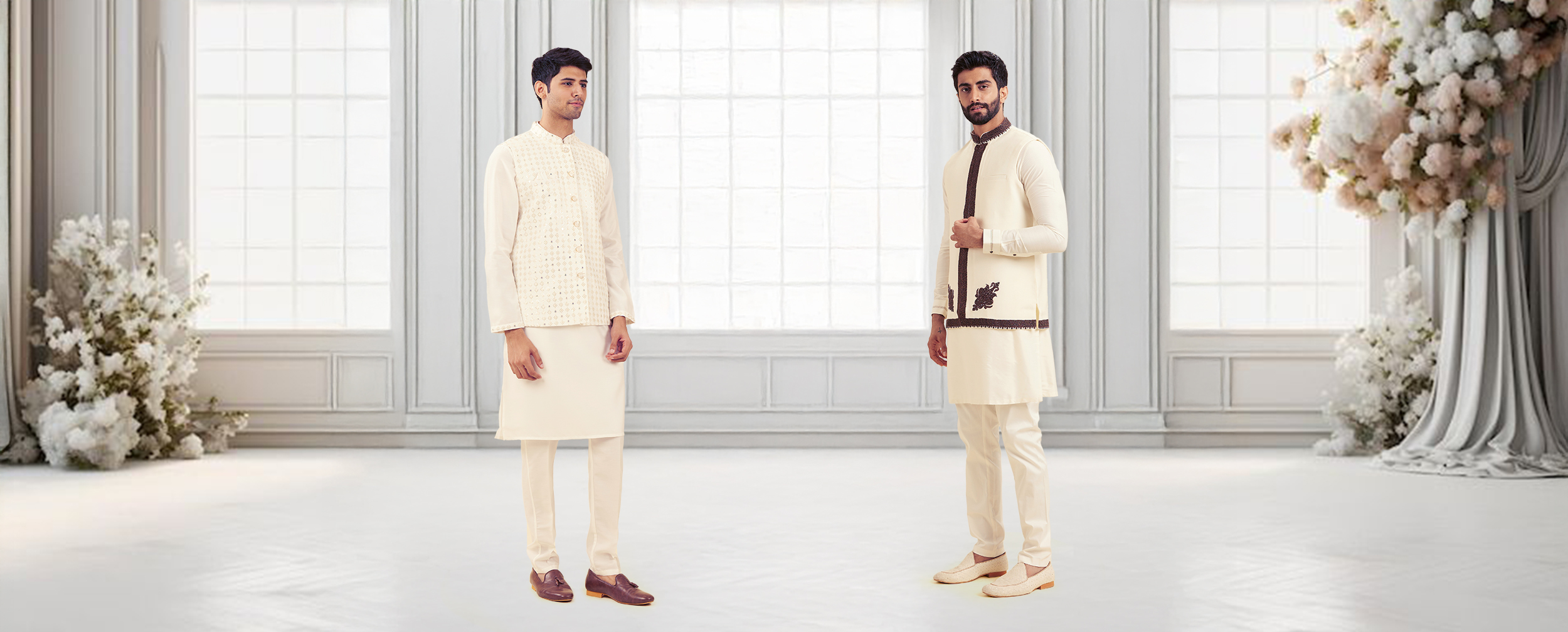 Men wearing white kurta pajama outfits styled with traditional juttis, representing timeless Indian fashion Men wearing white kurta pajama outfits styled with traditional juttis, representing timeless Indian fashion