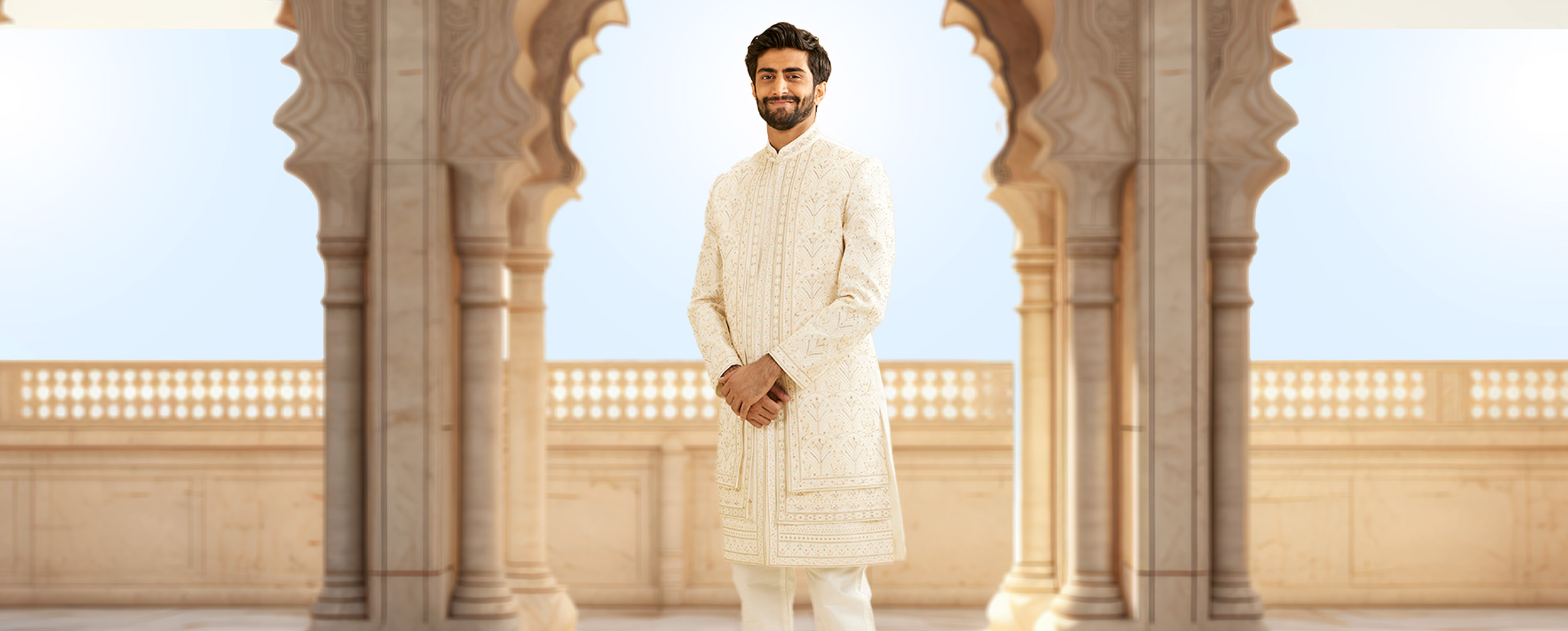 Men wearing beautiful sherwani with cream colour jacket for wedding day Men wearing beautiful sherwani with cream colour jacket for wedding day