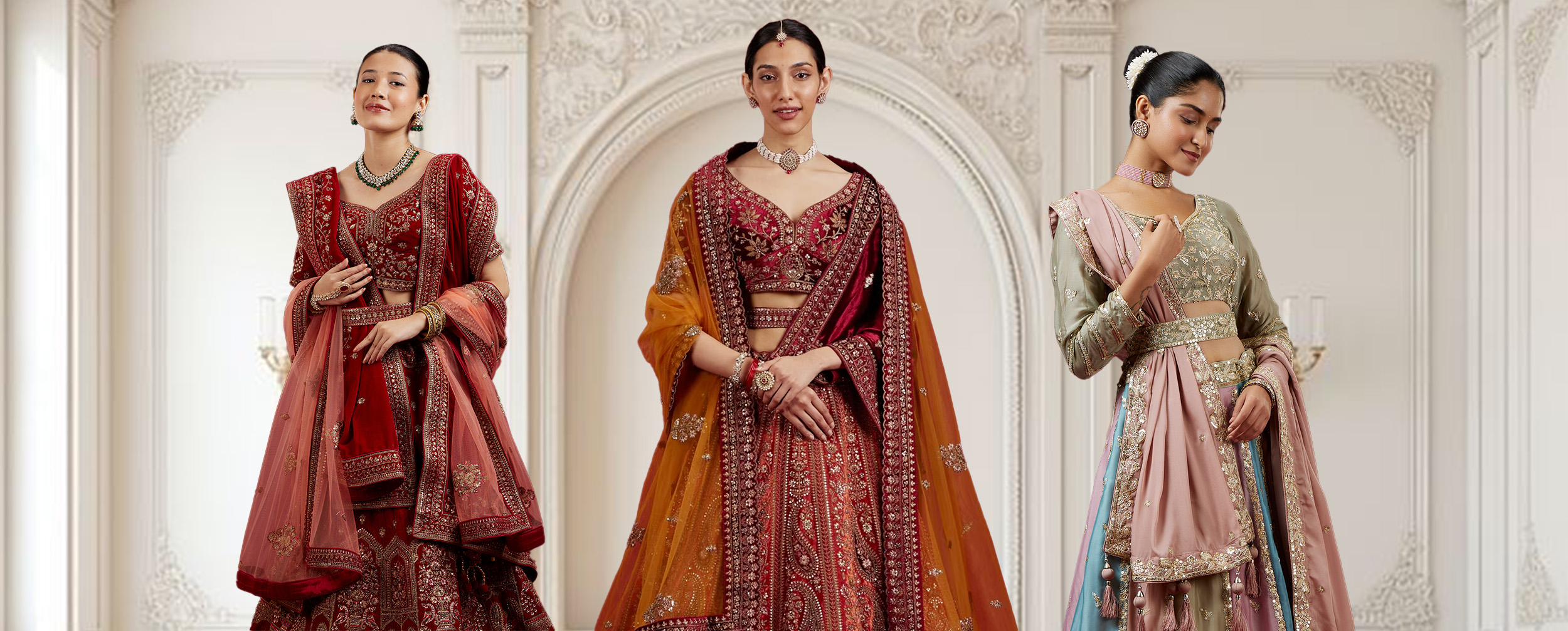 Three women in heavy bridal lehengas, demonstrating multi-layered and varied dupatta styles.