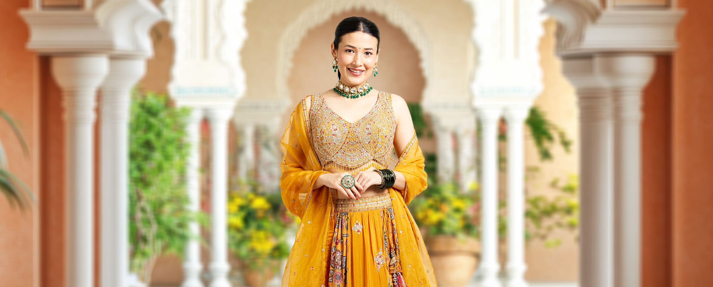 Women wearing Balancing jewellery with elegant yellow lehenga Women wearing Balancing jewellery with elegant yellow lehenga