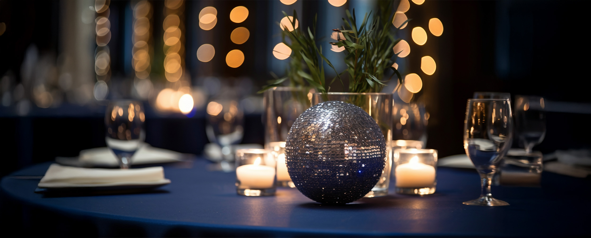 Elegant wedding reception table setup with candles, greenery, and a sparkling centerpiece under warm fairy lights Elegant wedding reception table setup with candles, greenery, and a sparkling centerpiece under warm fairy lights