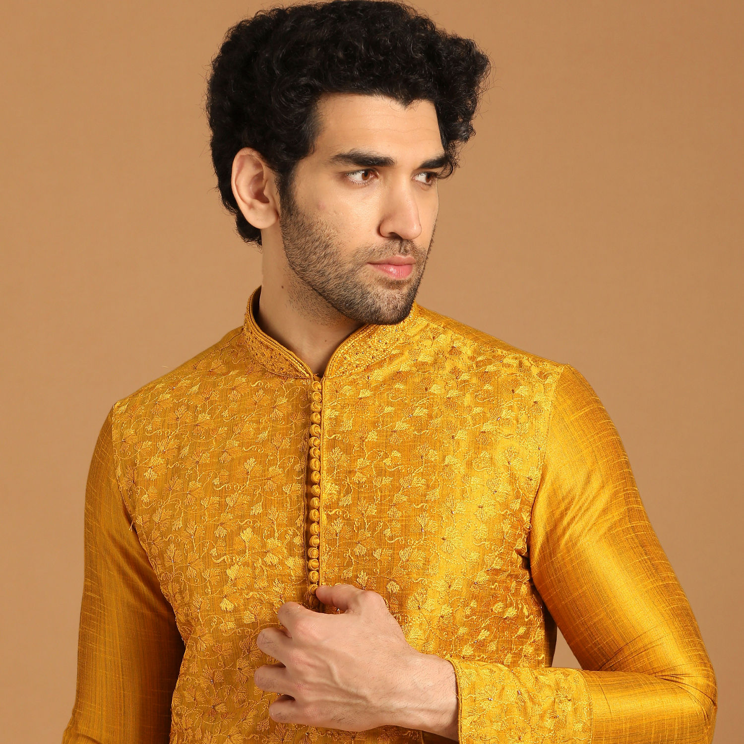 Buy Golden Yellow Thread Embroidered Kurta Set Online Manyavar Kurta Pajama for Men