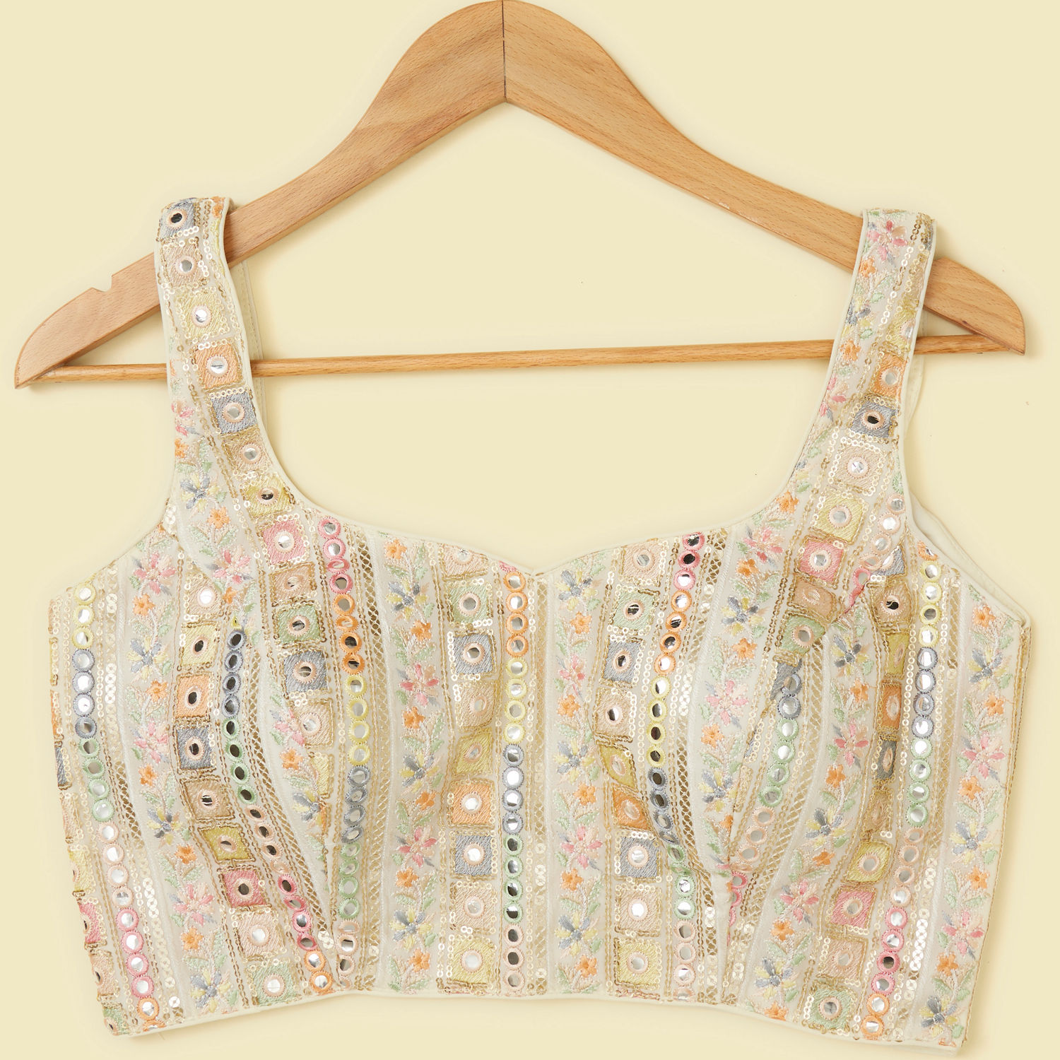 Cream Bel Buti Patterned Sequinned Blouse