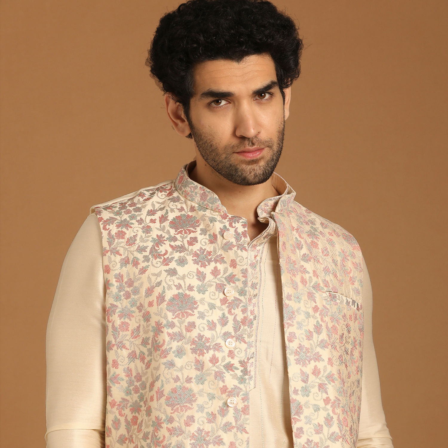 Kurta Jacket Set for Men Buy Cream Floral Print Festive Kurta Jacket