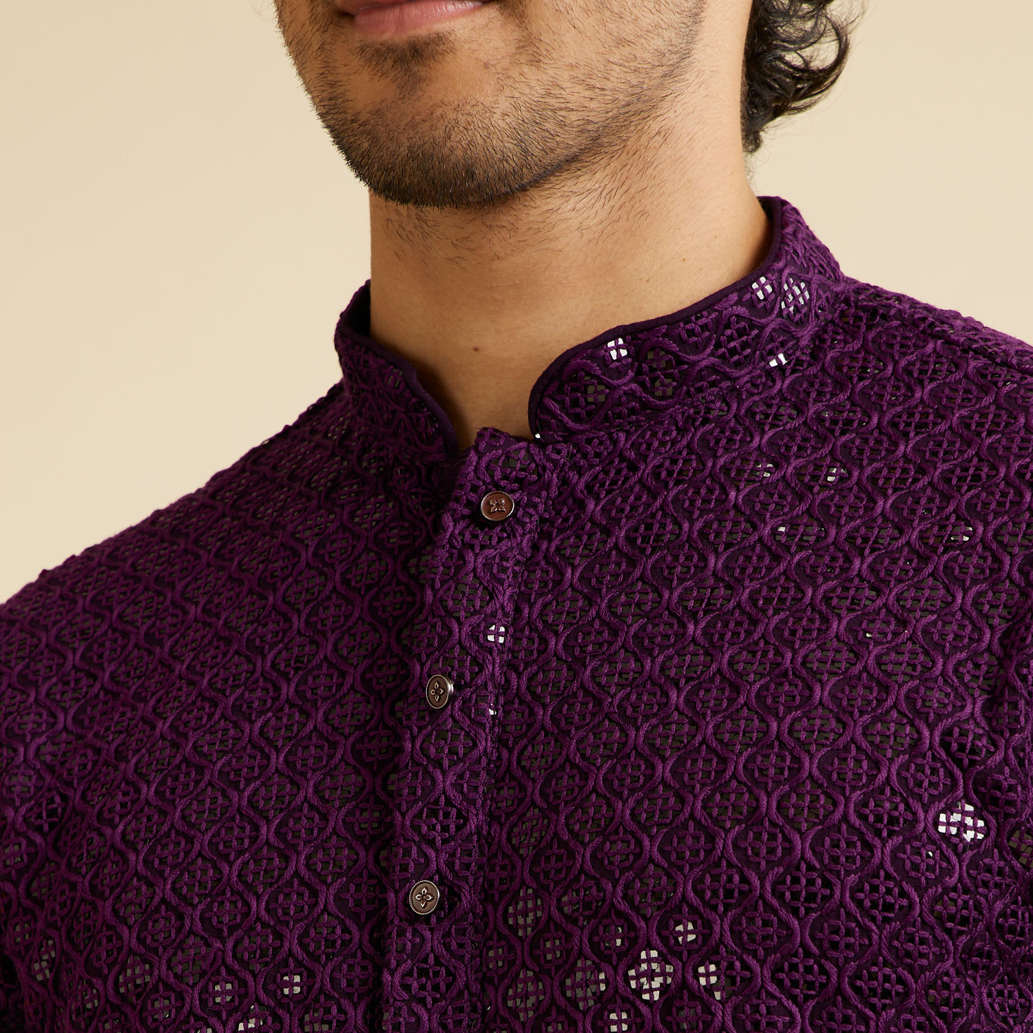 Men Purple Chikankari Embroidered And Sequence Kurta Only