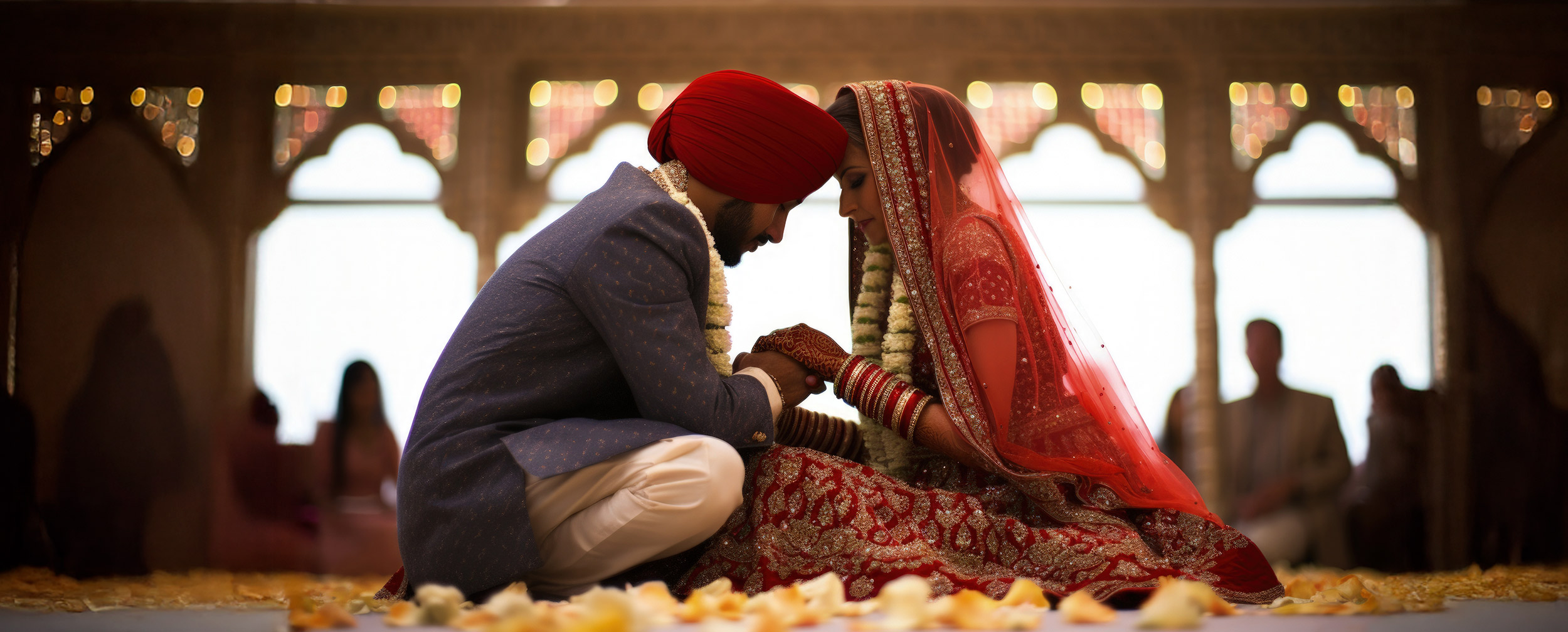 Traditional Punjabi bride and groom performing wedding ritual during a Sikh ceremony