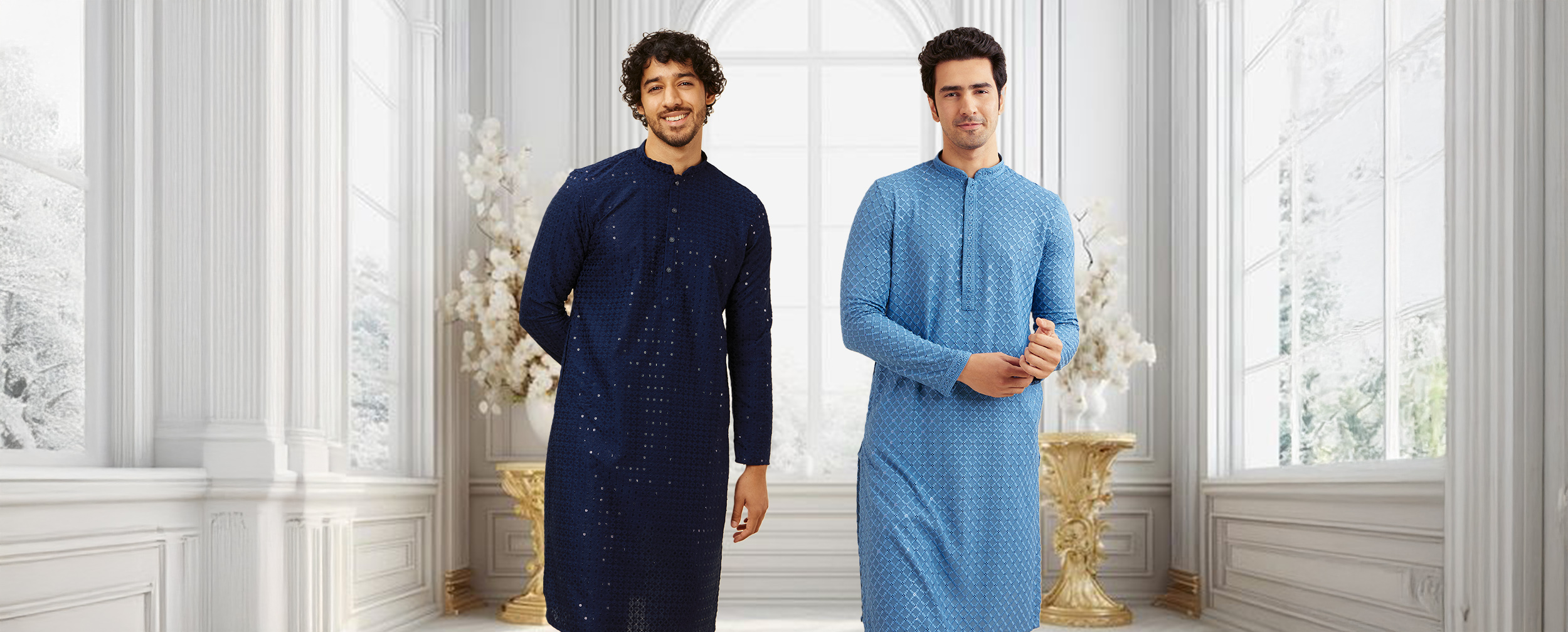 Two mens wearing dark blue and light blue kurta Two mens wearing dark blue and light blue kurta