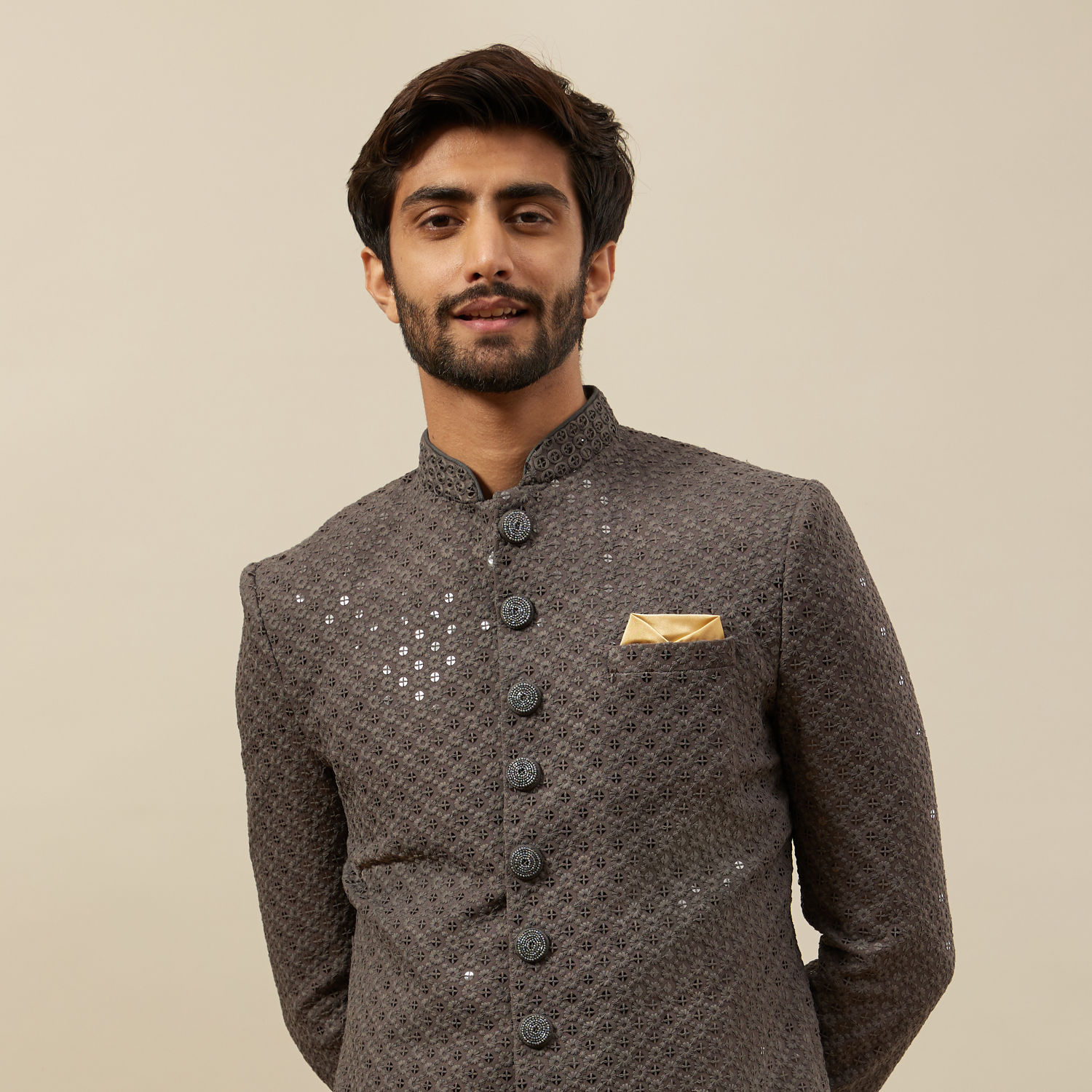 Men's Charcoal Grey Geometric Embroidered Indo-Western Set