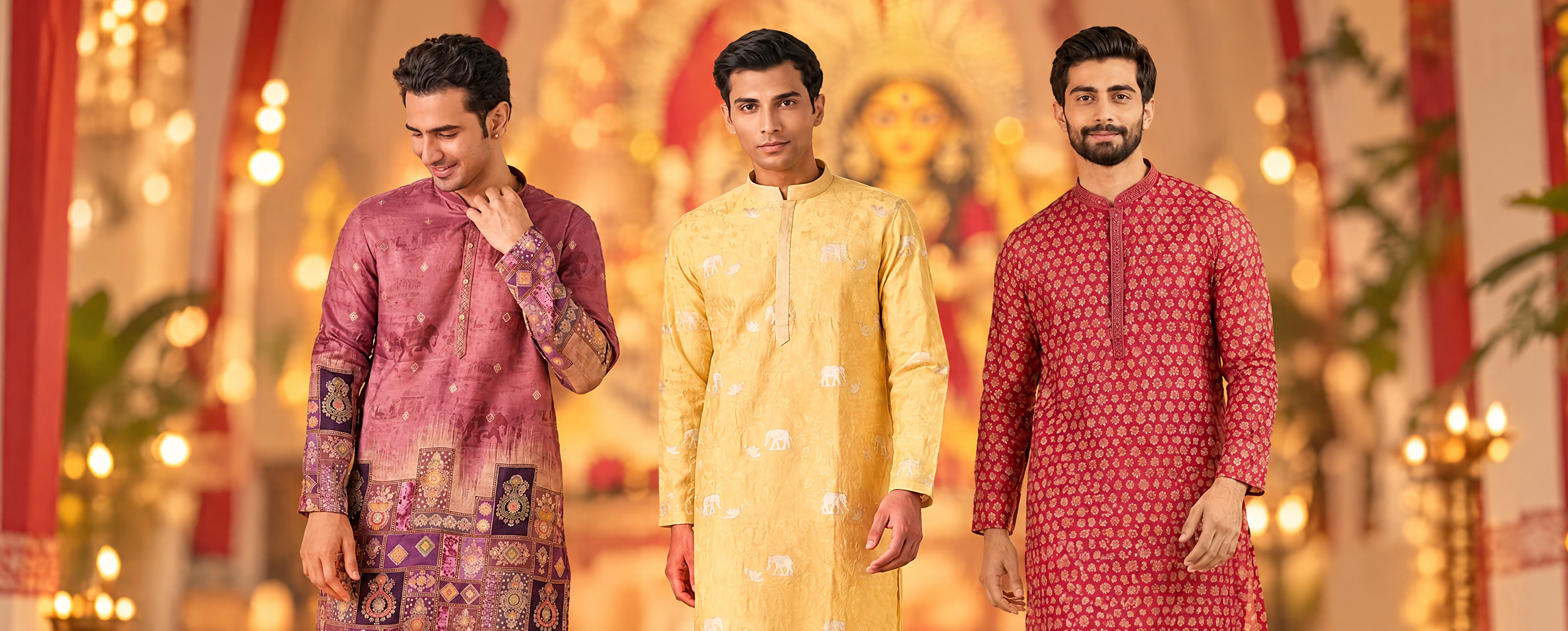 Men&rsquo;s Durga Puja outfits featuring traditional kurtas and Panjabis