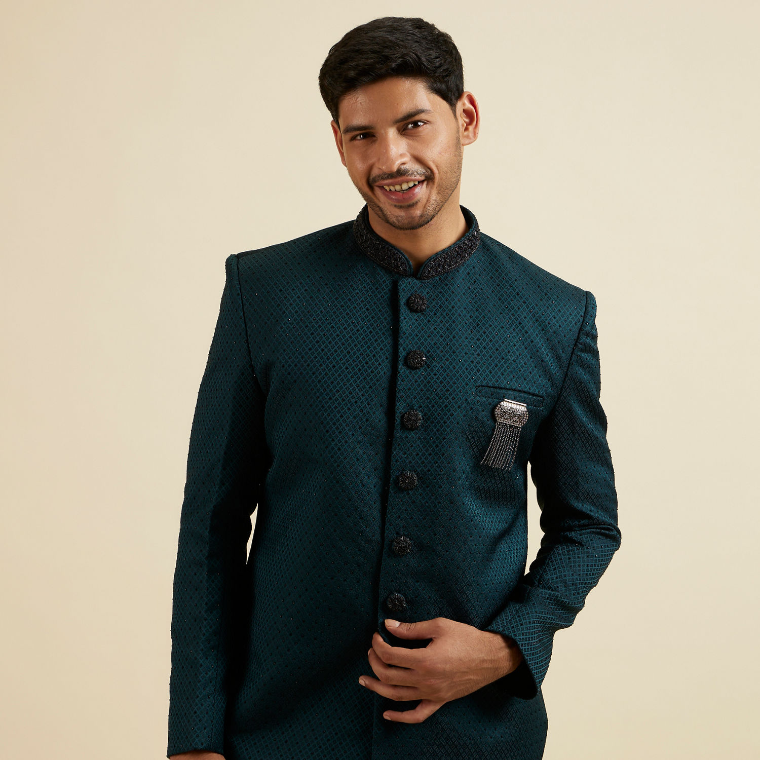 green indo western dress for male Men's Green Banarasi Jacquard Embroidery Indo Western Set – Trendia