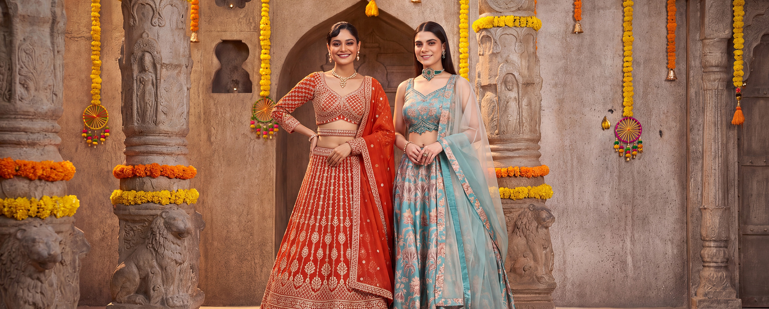Women in colourful Navratri outfits styled for festive celebrations