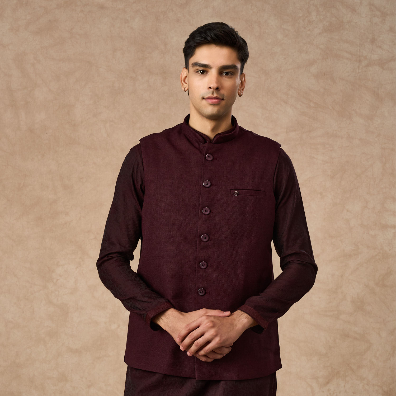 nehru jacket formal wedding dress for men Art Silk Party Wear Nehru Jacket in Beige and Brown with Embroidered work